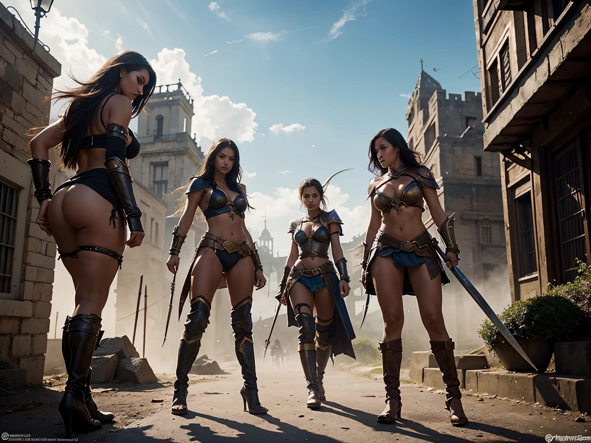 three sexy women in warrior costumes crouch down in a street,fantasy art, fantasy epic digital art, cinematic , epic fantasy digital art, the best , wide angle fantasy art, hyper realistic fantasy art,, high definition 