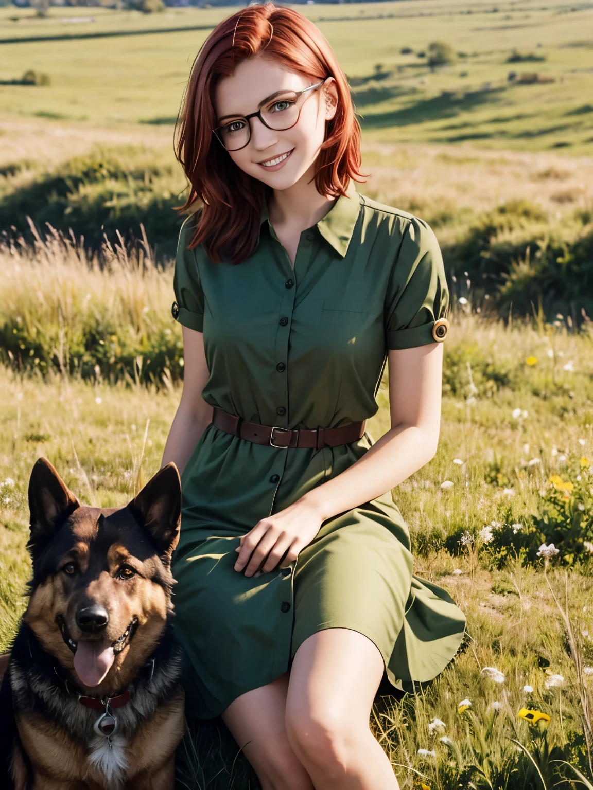 short, Red hair, green eyes, metal frame glasses, green shirt-dress with buttons, smile girl sitting in a meadow with a German shepherd dog