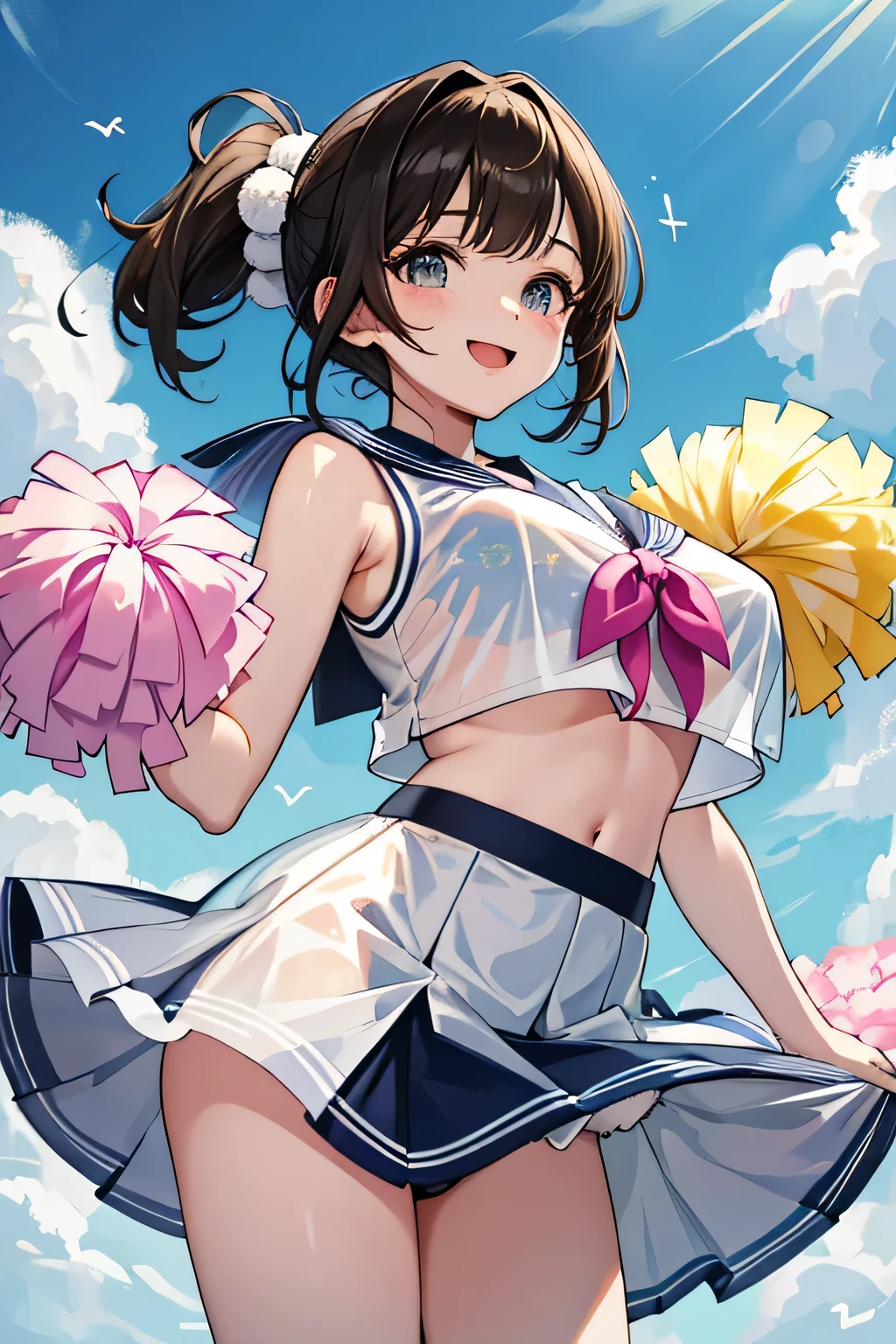 highest quality、High resolution、detailed background、cute10代の女の子、two beautiful girls、brown hair、bob cut、braided ponytail、(huge breasts:1.3)、perfect body line、big ass、vast sky、jump and fly in the sky、(Cheerleader、I&#39;We&#39;re rooting for you)、(pom pom:1.2)、(emphasize the chest、emphasize the underboob)、legs open、panty shot、cute、elation、
(シースルー素材のsleeveless sailor suit:1.2)、(see-through skirt:1.2)、sleeveless sailor suit、
sailor color, This is a characteristic of sailor uniforms., Cheerleaderのユニフォームにも使われています.、
It is common to incorporate navy or black lines into white colors.、
一般的なsailor colorはV字型またはU字型が特徴です。.、
Sailor uniform tops and skirts are generally bright and vibrant colors.、
Cheerleaderも同様です. Incorporating bright colors such as pink、, yellow, And blue, you can show off your vitality and cuteness.、
Cheerleaders&#39; Sailor uniform skirts are basically super mini length..、
Sailor uniform tops often have a ribbon or tie..、
This creates a cute and stylish accent to your uniform.、

stripe々Floral embroidered panties、pink floral embroidered bra、emphasize the underboob、I can see the underboob、angle from below、Low - Angle、とても幸せな表情でIを見てください、open your mouth and smile、smile、healthy、healthyふともも、Healthy and beautiful、legs open、show one&#39;~ side、panty shot、cute