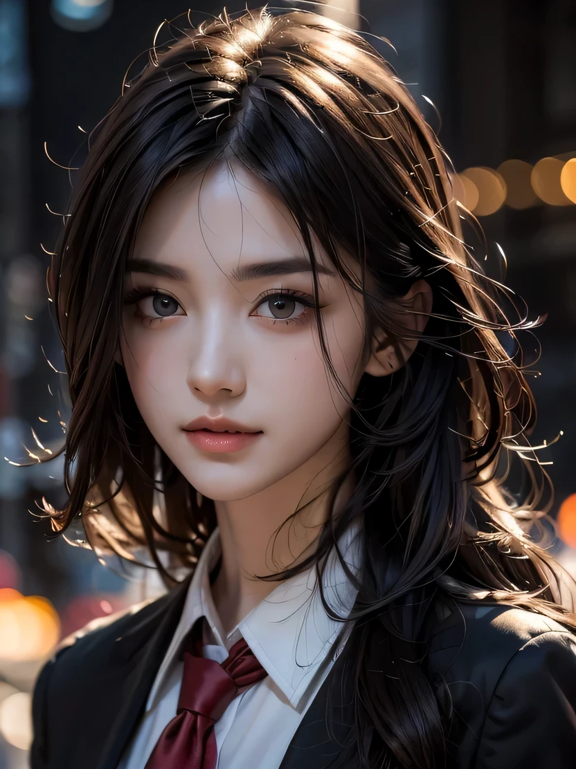((masterpiece、highest quality、Super detailed、High resolution、realistic、sharp focus))、bust shot、high contrast、high color saturation、 ((very delicate and beautiful))、crazy details、((beautiful woman portrait))、Sexy vampire girl、alone、black collared shirt、red tie、pale skin、big black lips、red glowing eyes、long black hair、evil smile、view audience、Detailed depiction of hands、put your hands down