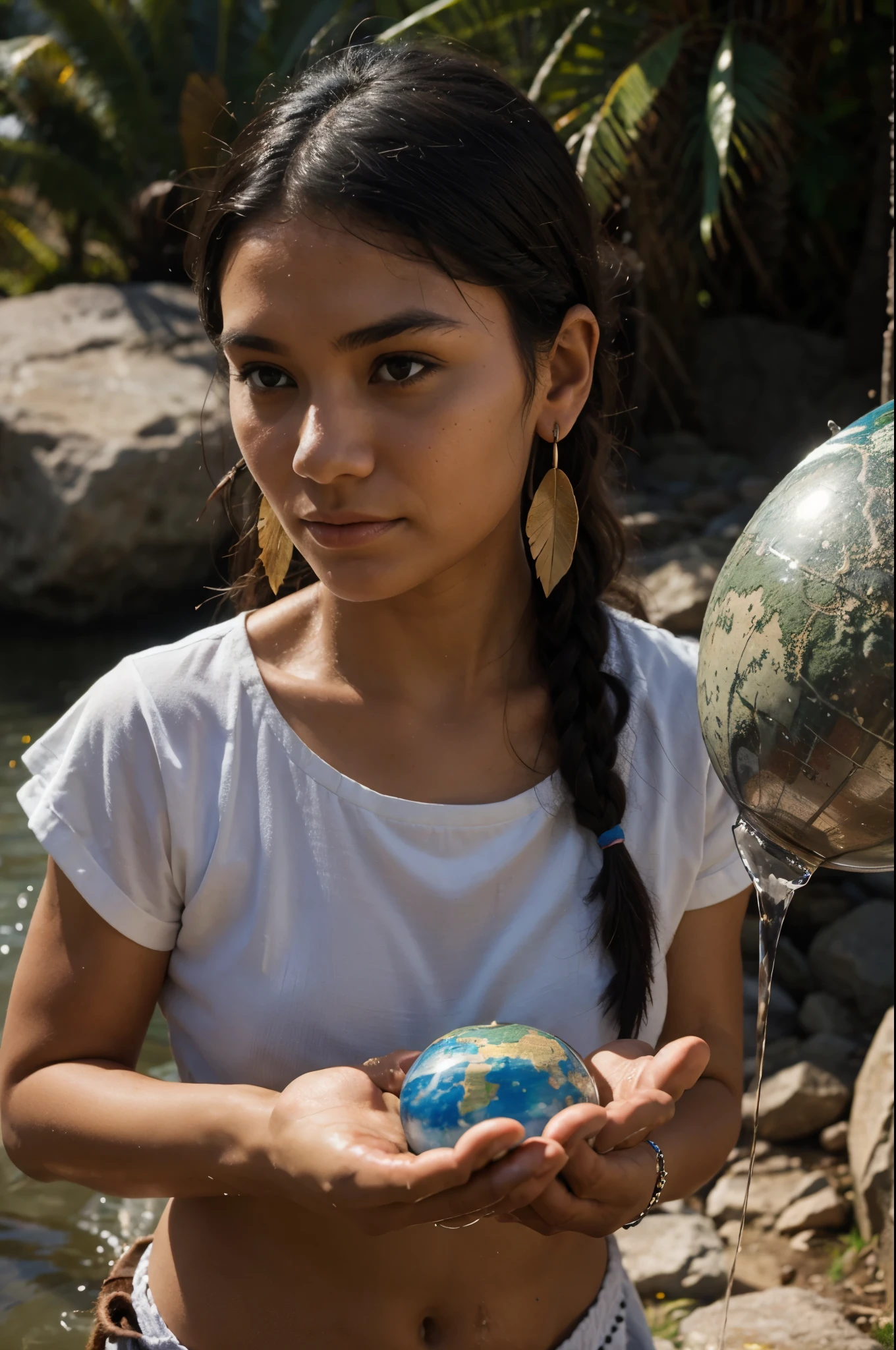 An indigenous woman holding planet Earth in her hands pouring water