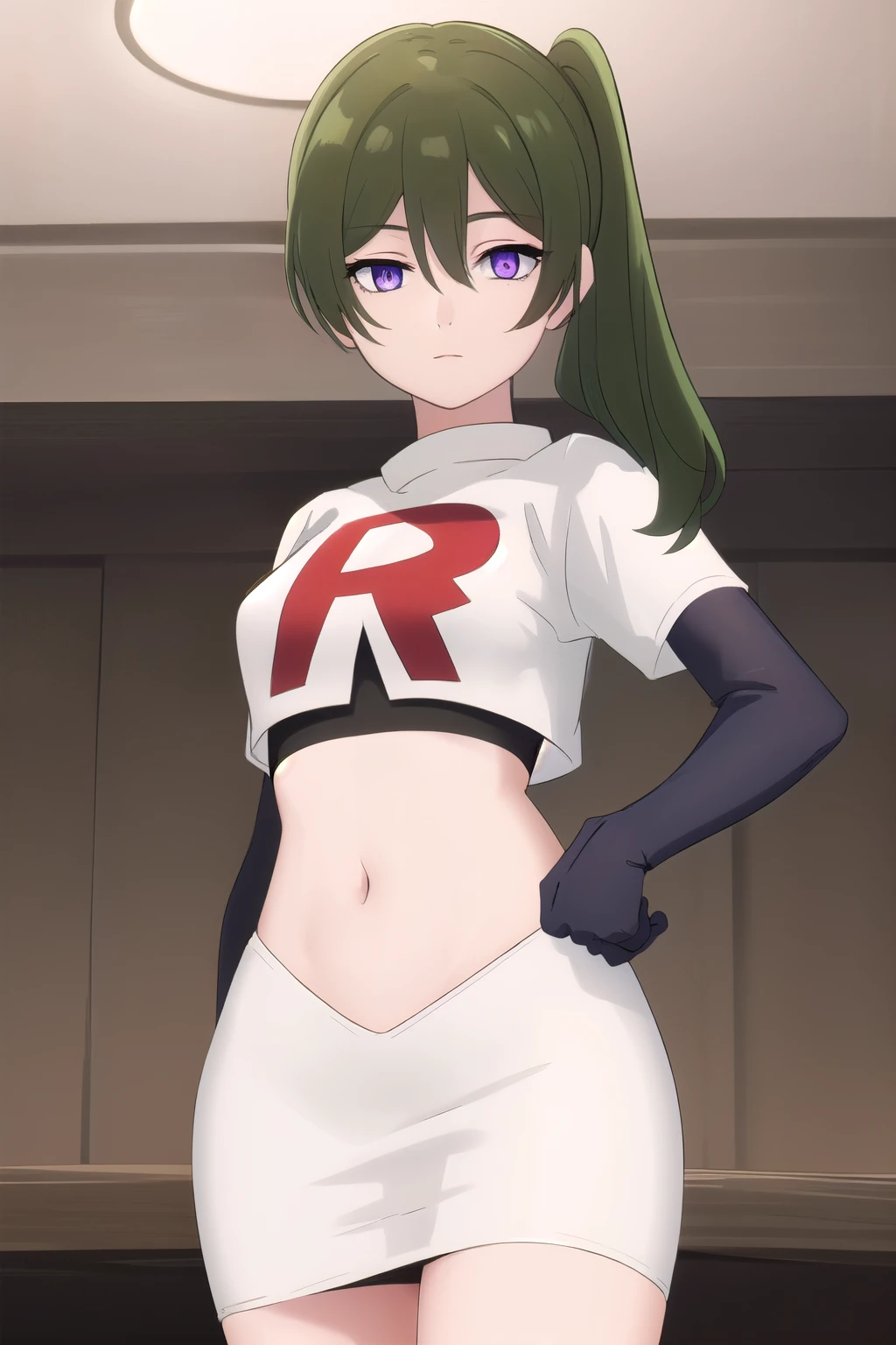 (masterpiece), best quality, high resolution, extremely detailed, detailed background, perfect lighting,ubel, medium hair, hair between eyes, green hair, side ponytail, (purple eyes:1.1), (t-shirt:1.5), joyful eyes, cute pose, BREAK indoors, hot springs, BREAK looking at viewer, (cowboy shot:1.5), BREAK, (masterpiece:1.2), best quality, high resolution, unity 8k wallpaper, (illustration:0.8), (beautiful detailed eyes:1.6), extremely detailed face, perfect lighting, extremely detailed CG, (perfect hands, perfect anatomy), solo, team rocket,team rocket uniform, red letter R, white skirt,white crop top,black thigh-highs,black elbow gloves