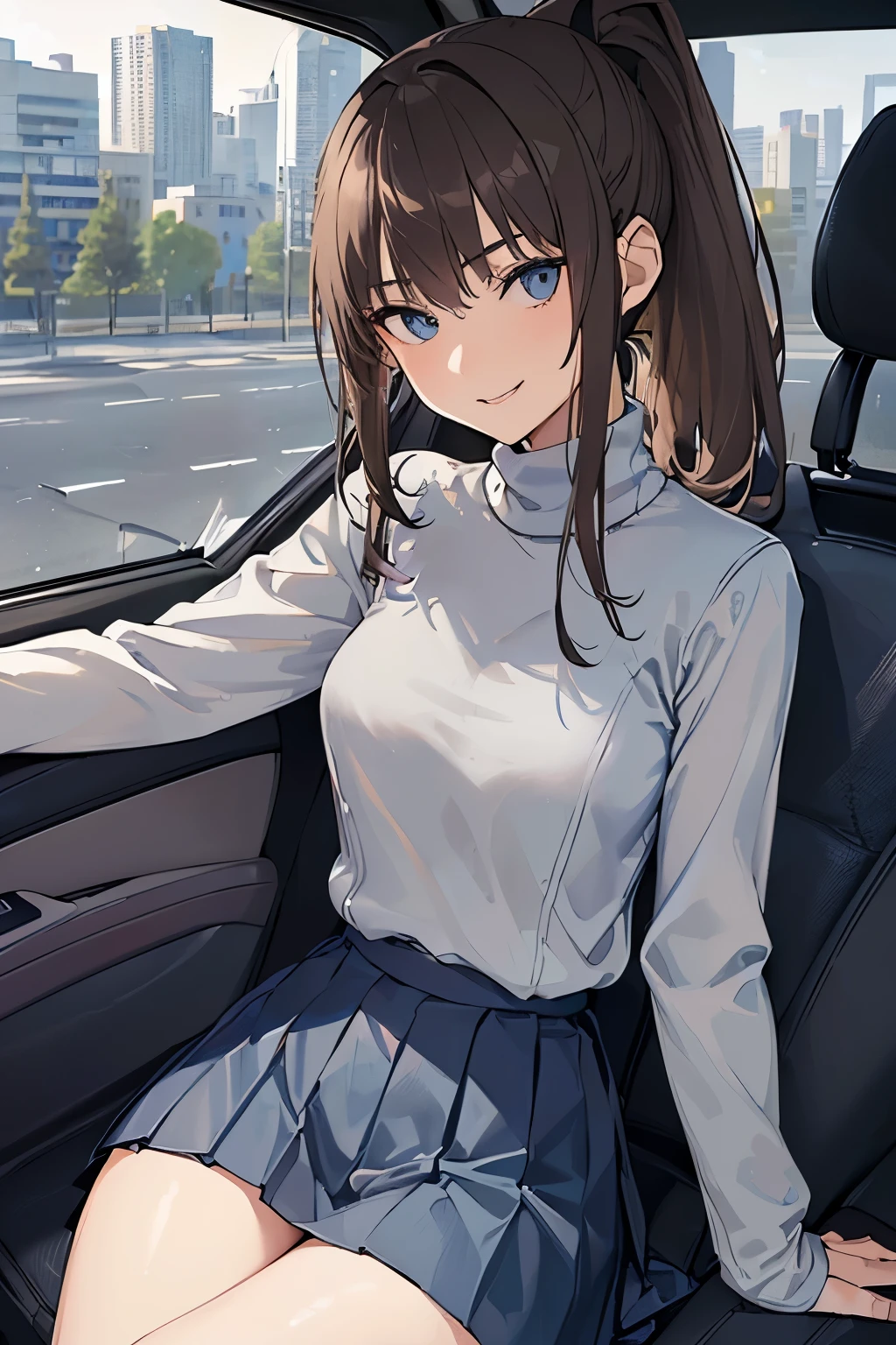 ((best quality)), ((masterpiece)), (detailed), (((perfect face))), ((((slender  girl sitting in passenger seat of car)))), (((city outside passenger window))), (((light grey turtleneck pullover, dark blue pleated skirt))), (((shy smile))), ((brunette, brown hair)), ((ponytail)), ((skinny thighs)), ((skinny hips)), (((bare legs)))