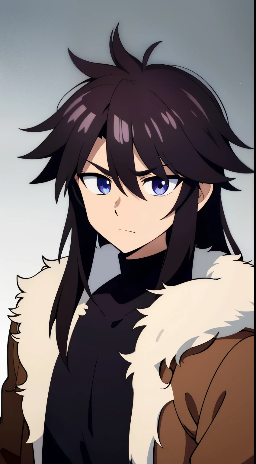 (high-quality, breathtaking),(expressive eyes, perfect face) 1boy, male, solo, age 15, kid age, masculine face, dark brown color hair, purple eye color, spiky hair, medium long hair length, relaxed expression, 4" Height, childlike face, modern clothing, brown shearling jacket, Symmetrical Eyes, portrait, headshot, wide shot, black background, grey background, narrow eyes,

