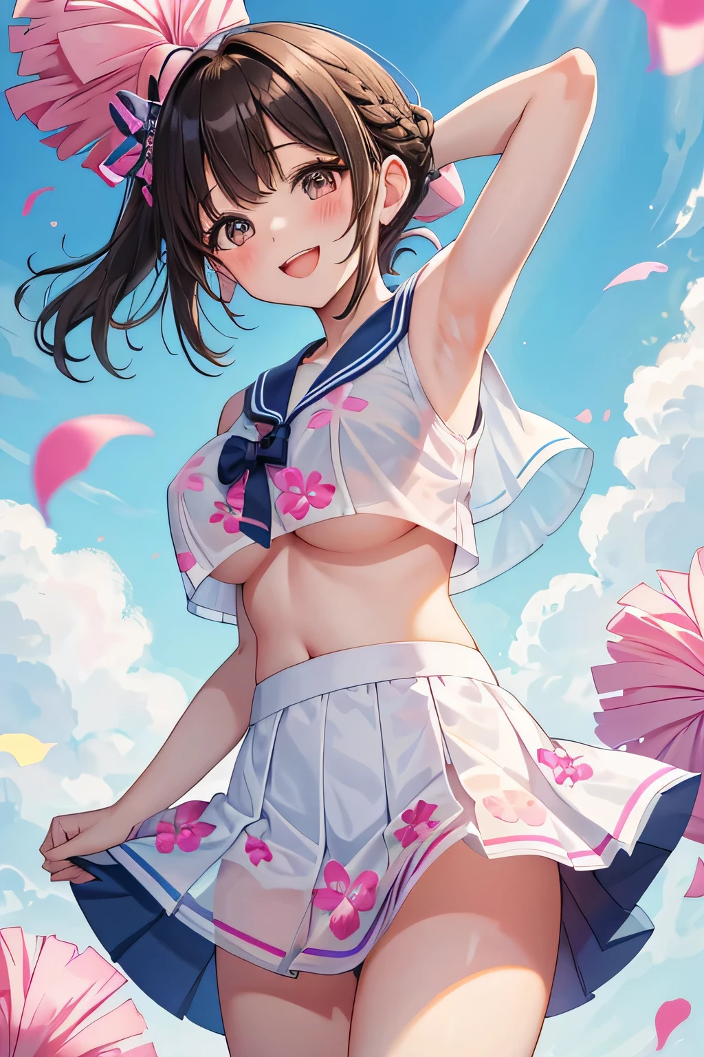 highest quality、High resolution、detailed background、cute10代の女の子、two beautiful girls、brown hair、bob cut、braided ponytail、(huge breasts:1.3)、perfect body line、big ass、vast sky、jump and fly in the sky、(Cheerleader、I'We're rooting for you)、(pom pom:1.2)、(emphasize the chest、emphasize the underboob)、legs open、panty shot、cute、elation、
(シースルー素材のsleeveless sailor suit:1.2)、(see-through skirt:1.2)、sleeveless sailor suit、
sailor color, This is a characteristic of sailor uniforms., Cheerleaderのユニフォームにも使われています.、
It is common to incorporate navy or black lines into white colors.、
一般的なsailor colorはV字型またはU字型が特徴です。.、
Sailor uniform tops and skirts are generally bright and vibrant colors.、
Cheerleaderも同様です. Incorporating bright colors such as pink、, yellow, And blue, you can show off your vitality and cuteness.、
Cheerleaders' Sailor uniform skirts are basically super mini length..、
Sailor uniform tops often have a ribbon or tie..、
This creates a cute and stylish accent to your uniform.、
stripe々Floral embroidered panties、pink floral embroidered bra、emphasize the underboob、I can see the underboob、angle from below、Low - Angle、とても幸せな表情でIを見てください、open your mouth and smile、smile、healthy、healthyふともも、Healthy and beautiful、legs open、show one'~ side、panty shot、cute