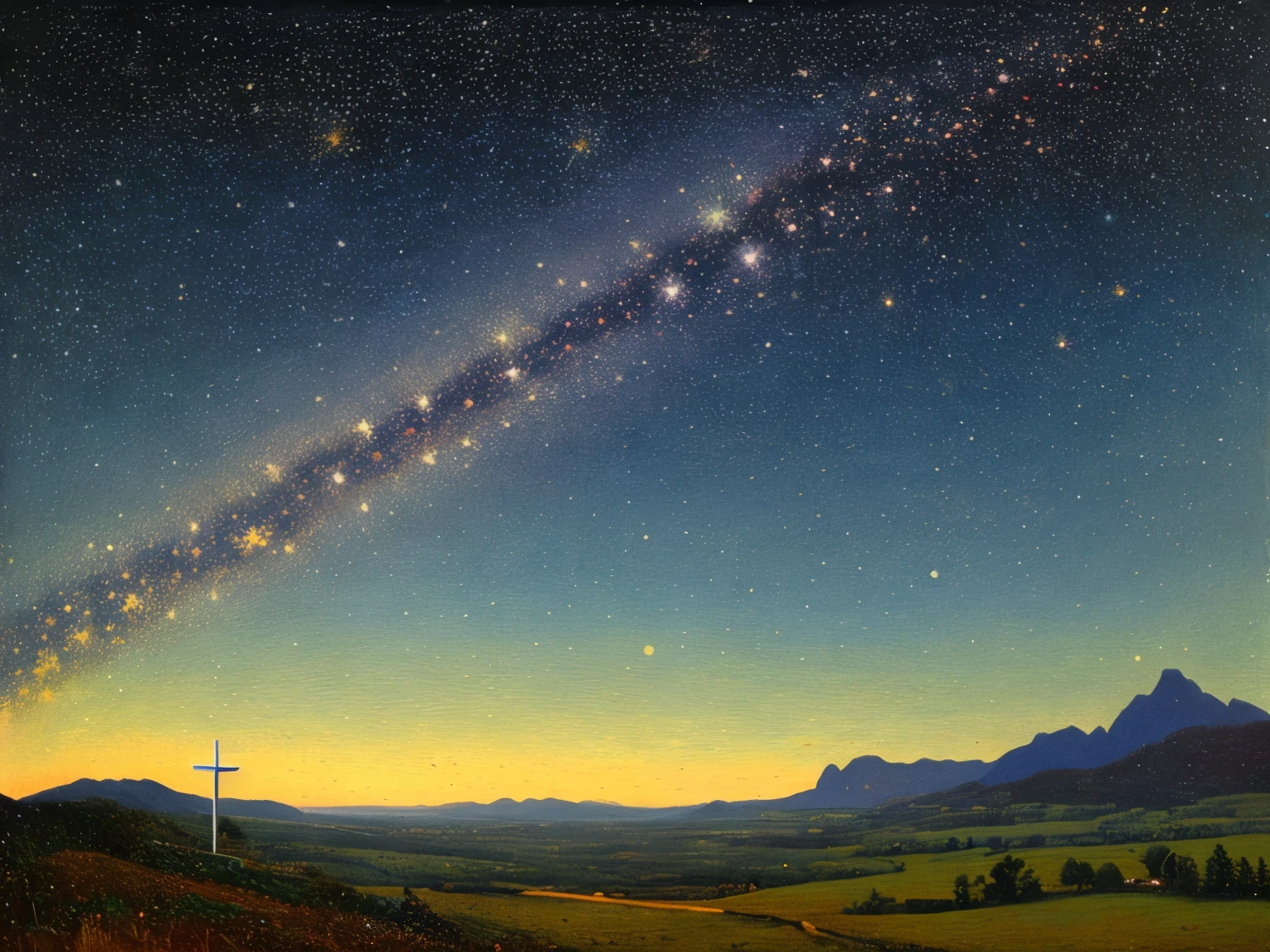 a painting of a cross in the sky with a mountain in the background, baroque painting. star lit sky, by Jakub Schikaneder, stary night painting, by Tim White, star lit sky, starry-night!!!!!!!!!!!!!!!!!!!!, starlit sky, star in the sky, starry skies, by Frederick Edwin Church, stary sky, starry sky, by Justin Gerard