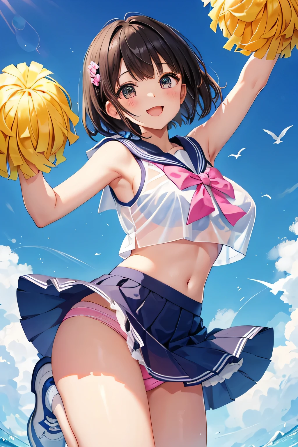 highest quality、High resolution、detailed background、cute10代の女の子、two beautiful girls、brown hair、bob cut、braided ponytail、(huge breasts:1.3)、perfect body line、big ass、vast sky、jump and fly in the sky、(Cheerleader、I'We're rooting for you)、(pom pom:1.2)、(emphasize the chest、emphasize the underboob)、legs open、panty shot、cute、elation、
(シースルー素材のsleeveless sailor suit:1.2)、(see-through skirt:1.2)、sleeveless sailor suit、
sailor color, This is a characteristic of sailor uniforms., Cheerleaderのユニフォームにも使われています.、
It is common to incorporate navy or black lines into white colors.、
一般的なsailor colorはV字型またはU字型が特徴です。.、
Sailor uniform tops and skirts are generally bright and vibrant colors.、
Cheerleaderも同様です. Incorporating bright colors such as pink、, yellow, And blue, you can show off your vitality and cuteness.、
Cheerleaders' Sailor uniform skirts are basically super mini length..、
Sailor uniform tops often have a ribbon or tie..、
This creates a cute and stylish accent to your uniform.、
stripe々Floral embroidered panties、pink floral embroidered bra、emphasize the underboob、I can see the underboob、angle from below、Low - Angle、とても幸せな表情でIを見てください、open your mouth and smile、smile、healthy、healthyふともも、Healthy and beautiful、legs open、show one'~ side、panty shot、cute