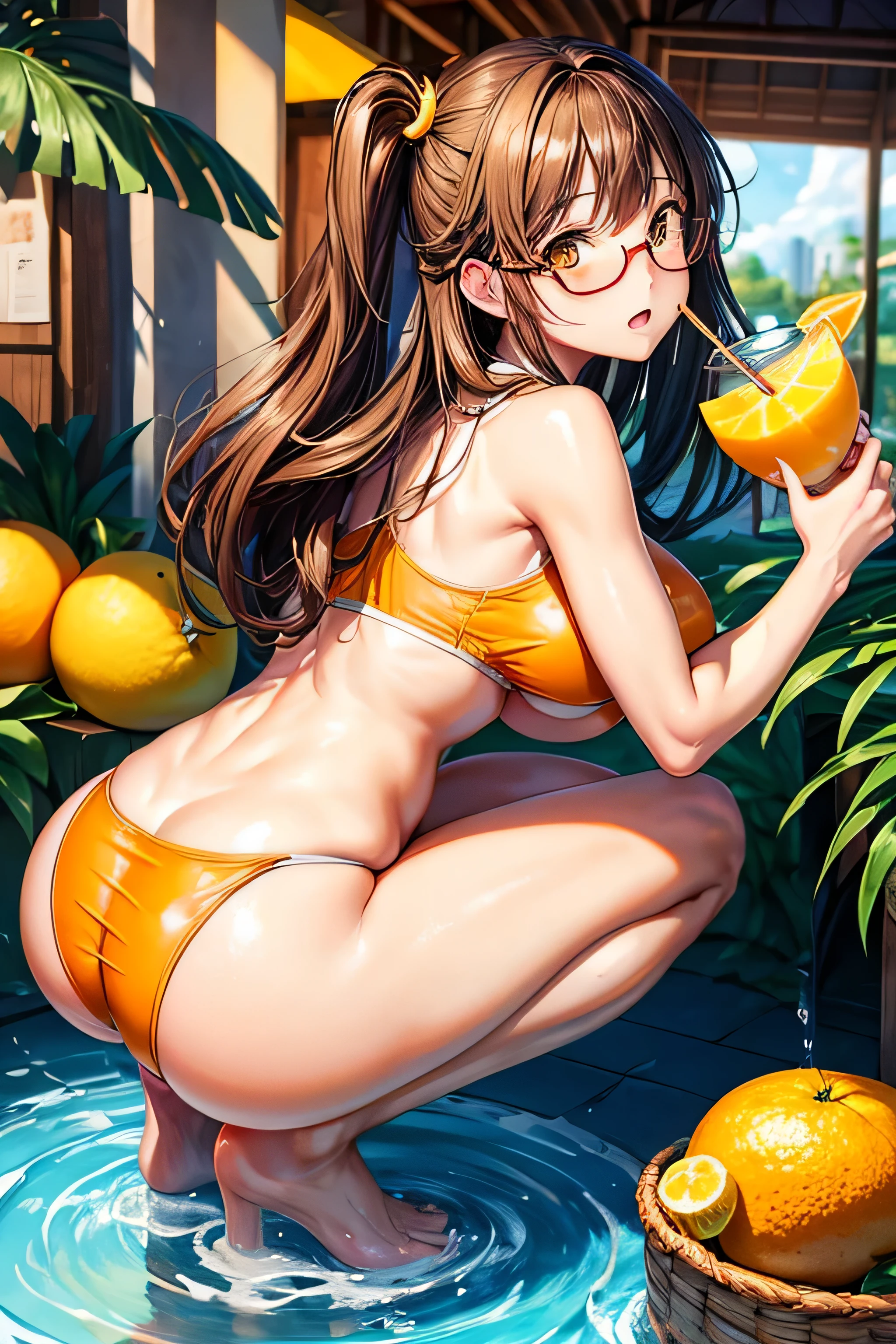 High resolution, high quality, 1 girl, anime girl, brown long hair, brown eyes,heart-shaped pupil, Green glasses, tanned skin, big breasts,beautiful breasts, (big ass),beautiful butt,白いスクールwater着,squat,(drink a lot of juice),(inflate one's stomach),(lemonade),(lemon juice),(orange juice),(mango juice),(Binapple juice),(water),at the cafe,