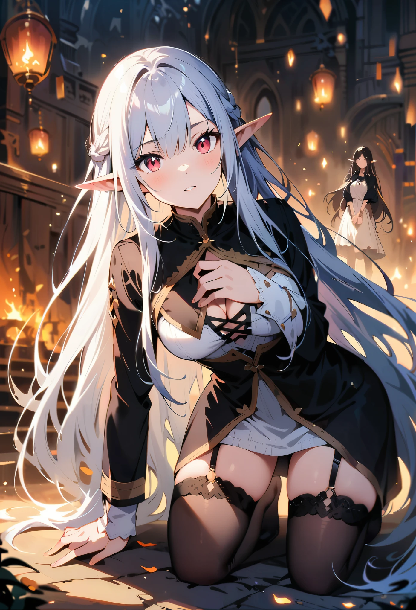 Dark Elf, 2girls, pointy ears, thighhighs, long hair, kneeling, black hair, looking at viewer, white hair, magic movie scene，fantasy，