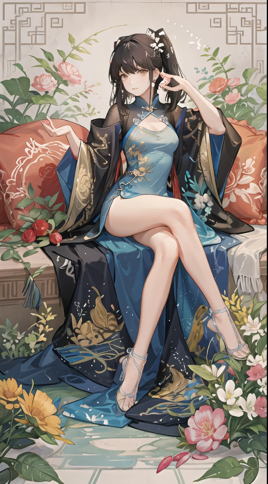 girl,full body,(detailed face:1.2), masterpiece, fashion,China dress,, medium hair, black hair, twin tails, dull bangs, brown eyes,