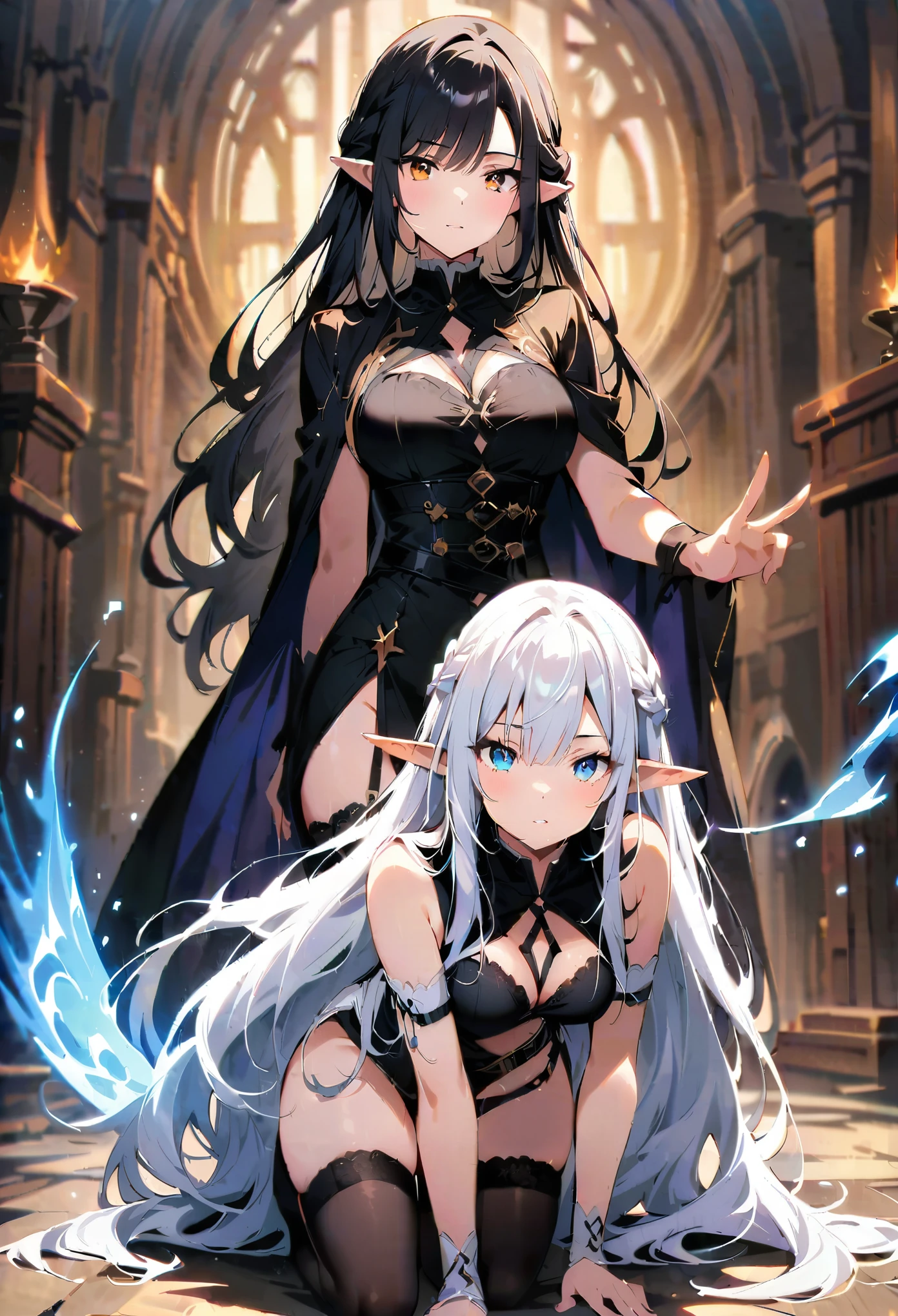 Dark Elf, 2girls, pointy ears, thighhighs, long hair, kneeling, black hair, looking at viewer, white hair, magic movie scene，fantasy，