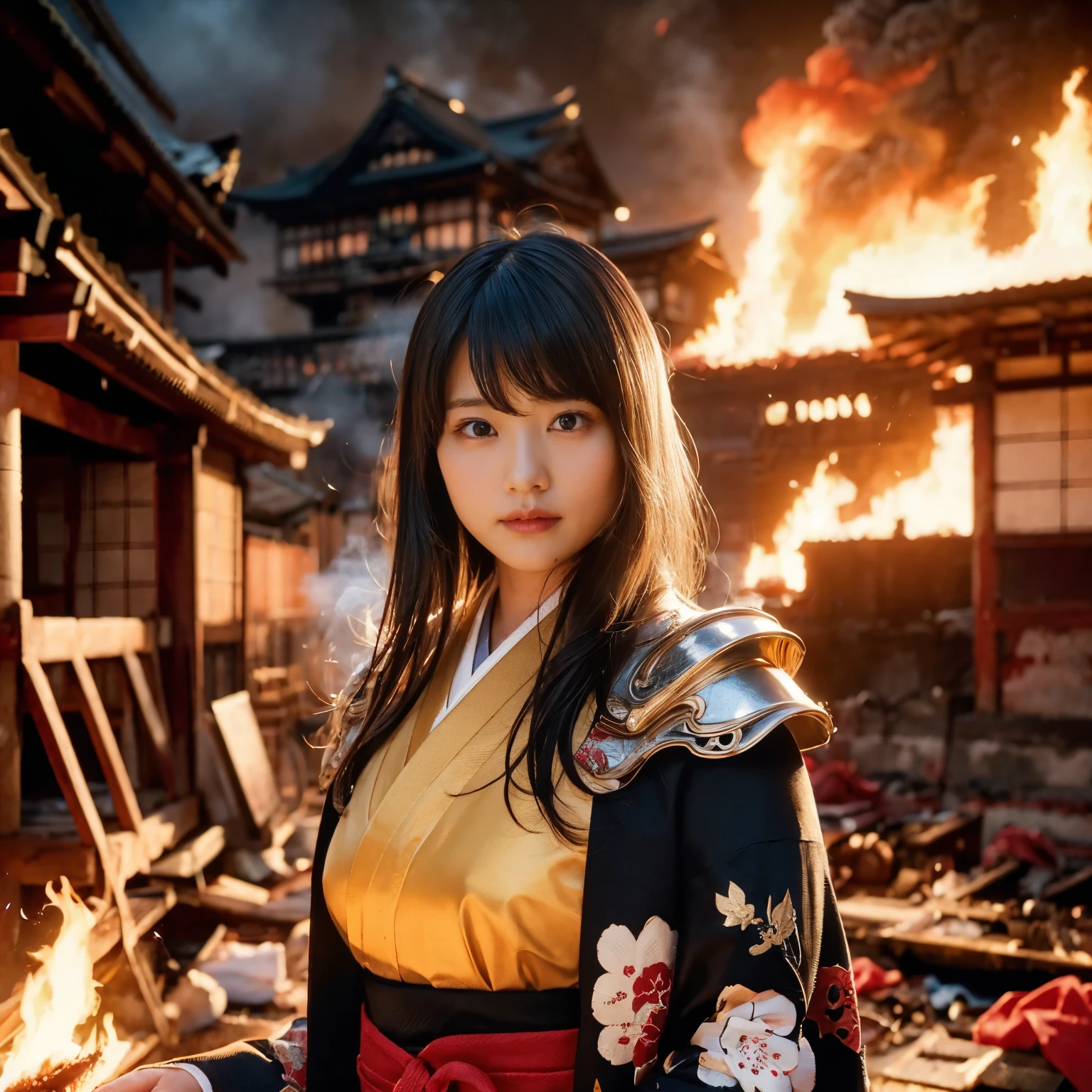 (((Realistic, masterpiece, best quality, crisp detail, high definition, high detail, sharp focus, perfect studio lightning))), 20 years old assassin,((( in the middle of a war, kasumi arimura, fighting stance))), wearing (((fully decorated golden armor, armored kimono, blood scattered face, blood bath, blood shed))), (((fire everywhere, blood everywhere, death everywhere, japan bakumatsu period, dead bodies,carcass, ,fire,smoke,burned japanese castle village,hellish ) traditional village background)