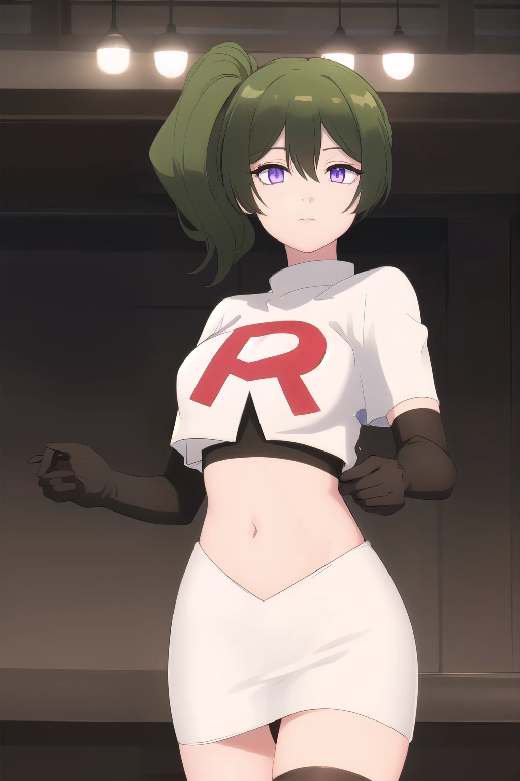 (masterpiece), best quality, high resolution, extremely detailed, detailed background, perfect lighting,ubel, medium hair, hair between eyes, green hair, side ponytail, (purple eyes:1.1), (t-shirt:1.5), joyful eyes, cute pose, BREAK indoors, hot springs, BREAK looking at viewer, (cowboy shot:1.5), BREAK, (masterpiece:1.2), best quality, high resolution, unity 8k wallpaper, (illustration:0.8), (beautiful detailed eyes:1.6), extremely detailed face, perfect lighting, extremely detailed CG, (perfect hands, perfect anatomy), solo, team rocket,team rocket uniform, red letter R, white skirt,white crop top,black thigh-highs,black elbow gloves