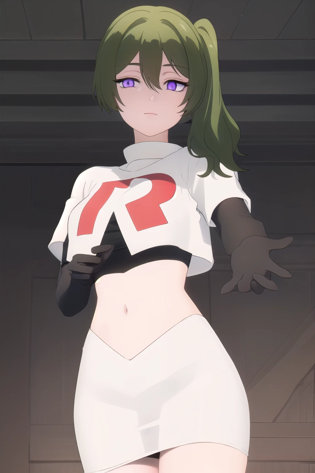 (masterpiece), best quality, high resolution, extremely detailed, detailed background, perfect lighting,ubel, medium hair, hair between eyes, green hair, side ponytail, (purple eyes:1.1), (t-shirt:1.5), joyful eyes, cute pose, BREAK indoors, hot springs, BREAK looking at viewer, (cowboy shot:1.5), BREAK, (masterpiece:1.2), best quality, high resolution, unity 8k wallpaper, (illustration:0.8), (beautiful detailed eyes:1.6), extremely detailed face, perfect lighting, extremely detailed CG, (perfect hands, perfect anatomy), solo, team rocket,team rocket uniform, red letter R, white skirt,white crop top,black thigh-highs,black elbow gloves