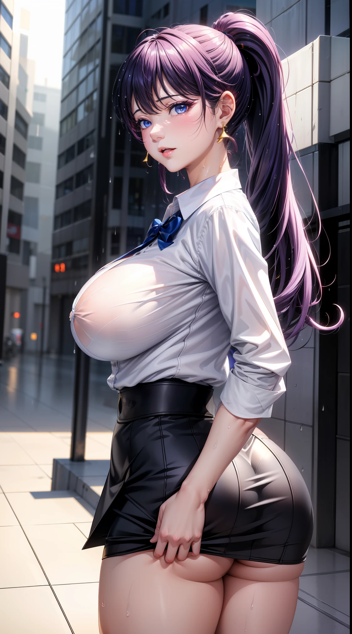 (best quality:1.5, high resolution, ultra high definition, 4K, detailed lighting, shader), purple hair, gradient hair, Big breasts, suit, Gray shirt, Social shirts, short skirt, mature woman , (View), White background, Colorful eye shadow, dramatic lighting, Bright Eyes, emotional expression, gold earrings, flowing hair, Exquisite facial features, snow white skin, High cheekbones, urban environment, White background, Don&#39;t look for the camera, Lean over, view from behind , get wet in the rain rain.Silver hair and blue eyes, White shirt，No, in animated movies, in anime, Anime vision of a young woman, 她有一张可爱而富有表情s face,  Big breasts, red cheeks, s face, White skin