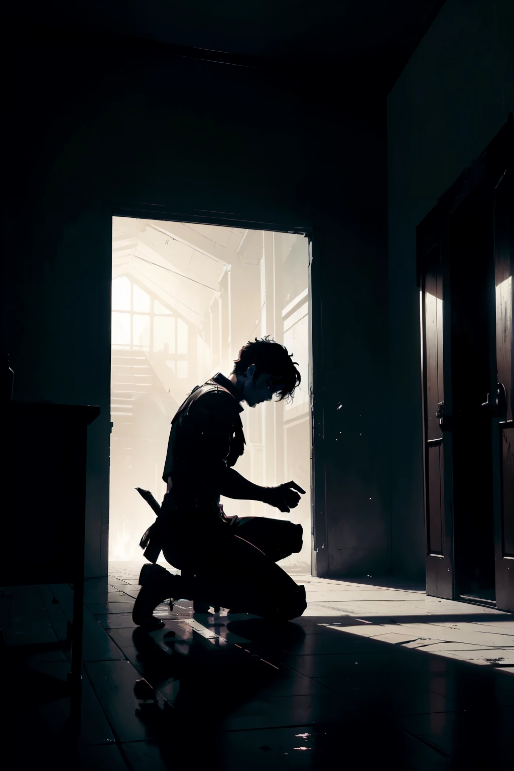 (Masterpiece, High Quality, Silhouette of a Man:1.5), Defeated Warrior, Kneeling in Prostration, (End of Game, End of Game Screen:1.5), 2D Pixel Game - "s2" Exclusive,

Monochrome Palette, Black and White, Dramatically Highlighted,
Deep Contrasts, Abandoned and Dark Room,
Empty Sanctuary, Inner Turmoil,

(Masterpiece), Gripping Texture, Realistic Depth,
Bold Shadows, Crisp Edges,
Broken Sword in Hand, Resolute Expression,
Warrior's Pr