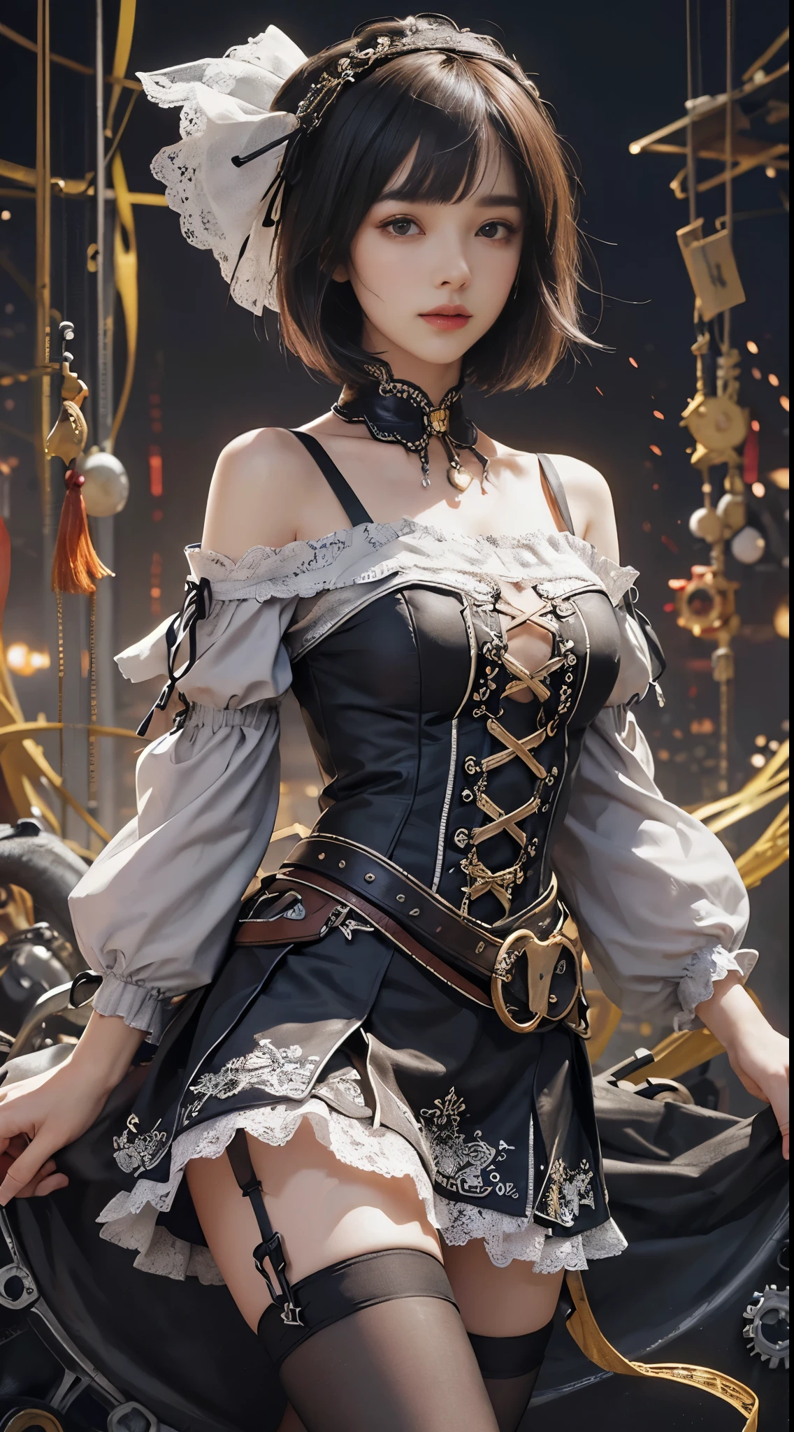 (((masterpiece, highest quality, Super detailed))), 1 female, (((very thin body))) , (((length, thin legs))), (((black short bob, thick fluffy bangs ))), (((highly detailed face))), No cosmetics, small and thin nose, thin mouth with small lips, (((Very sharp focused eyes))), Precise pale gray eyes with large slits, shine like a jewel, length eyelashes, ((Highly decorative intricate mechanical steampunk fashion, Lace Flare Mini Skirt, above the knee lace stockings, Lace Off Shoulder Lolita Fashion, Overly decorative fashion)), Abandoned Night, Complex mechanized steampunk factory catches fire and explodes, (((Overall accuracy has been dramatically improved, creating a Super detailed and realistic image))), super realistic photos.