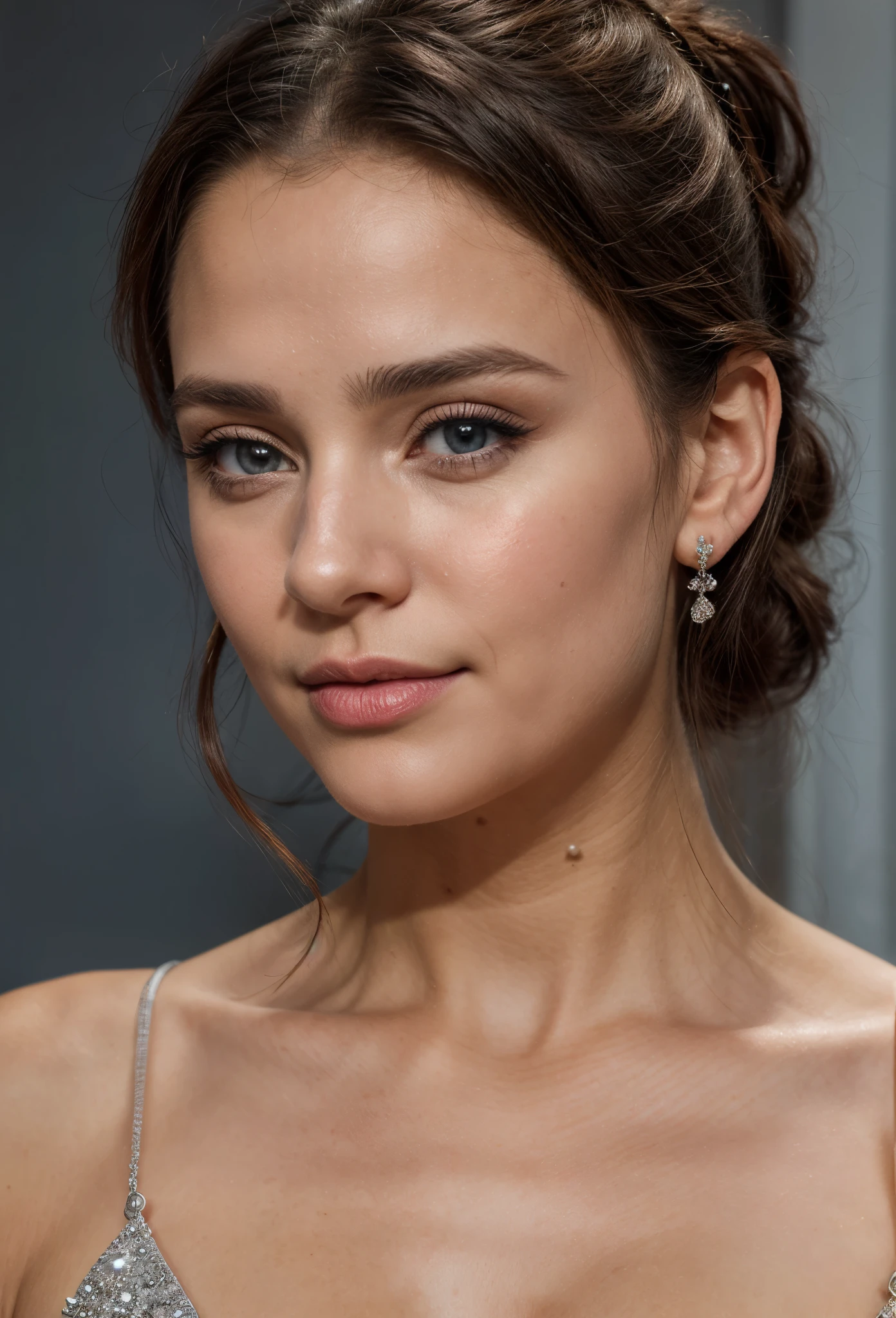(obra maestra, Mejor calidad), Detalles intrincados, realista, photorealista, un primer plano de una mujer vistiendo aretes, inspirado por Emma Andijewska, envuelto en cristales, color plata, long aretes, sandra chevier, huge aretes, 2019, De ojos azules, joyas de platino, arete, estructura impecable, arete de plata,  