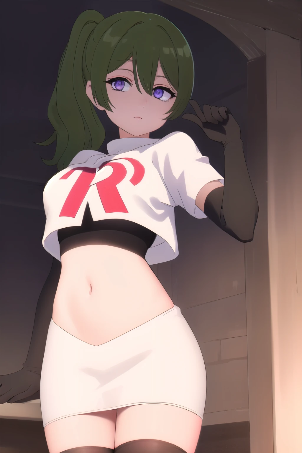 (masterpiece), best quality, high resolution, extremely detailed, detailed background, perfect lighting,ubel, medium hair, hair between eyes, green hair, side ponytail, (purple eyes:1.1), (t-shirt:1.5), joyful eyes, cute pose, BREAK indoors, hot springs, BREAK looking at viewer, (cowboy shot:1.5), BREAK, (masterpiece:1.2), best quality, high resolution, unity 8k wallpaper, (illustration:0.8), (beautiful detailed eyes:1.6), extremely detailed face, perfect lighting, extremely detailed CG, (perfect hands, perfect anatomy), solo, team rocket,team rocket uniform, red letter R, white skirt,white crop top,black thigh-highs,black elbow gloves