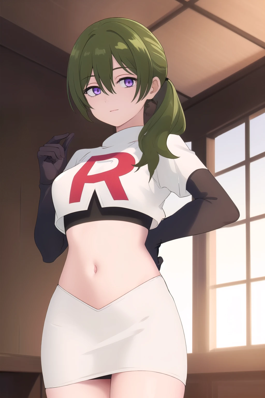 (masterpiece), best quality, high resolution, extremely detailed, detailed background, perfect lighting,ubel, medium hair, hair between eyes, green hair, side ponytail, (purple eyes:1.1), (t-shirt:1.5), joyful eyes, cute pose, BREAK indoors, hot springs, BREAK looking at viewer, (cowboy shot:1.5), BREAK, (masterpiece:1.2), best quality, high resolution, unity 8k wallpaper, (illustration:0.8), (beautiful detailed eyes:1.6), extremely detailed face, perfect lighting, extremely detailed CG, (perfect hands, perfect anatomy), solo, team rocket,team rocket uniform, red letter R, white skirt,white crop top,black thigh-highs,black elbow gloves