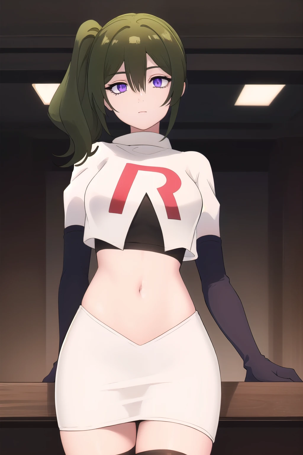 (masterpiece), best quality, high resolution, extremely detailed, detailed background, perfect lighting,ubel, medium hair, hair between eyes, green hair, side ponytail, (purple eyes:1.1), (t-shirt:1.5), joyful eyes, cute pose, BREAK indoors, hot springs, BREAK looking at viewer, (cowboy shot:1.5), BREAK, (masterpiece:1.2), best quality, high resolution, unity 8k wallpaper, (illustration:0.8), (beautiful detailed eyes:1.6), extremely detailed face, perfect lighting, extremely detailed CG, (perfect hands, perfect anatomy), solo, team rocket,team rocket uniform, red letter R, white skirt,white crop top,black thigh-highs,black elbow gloves