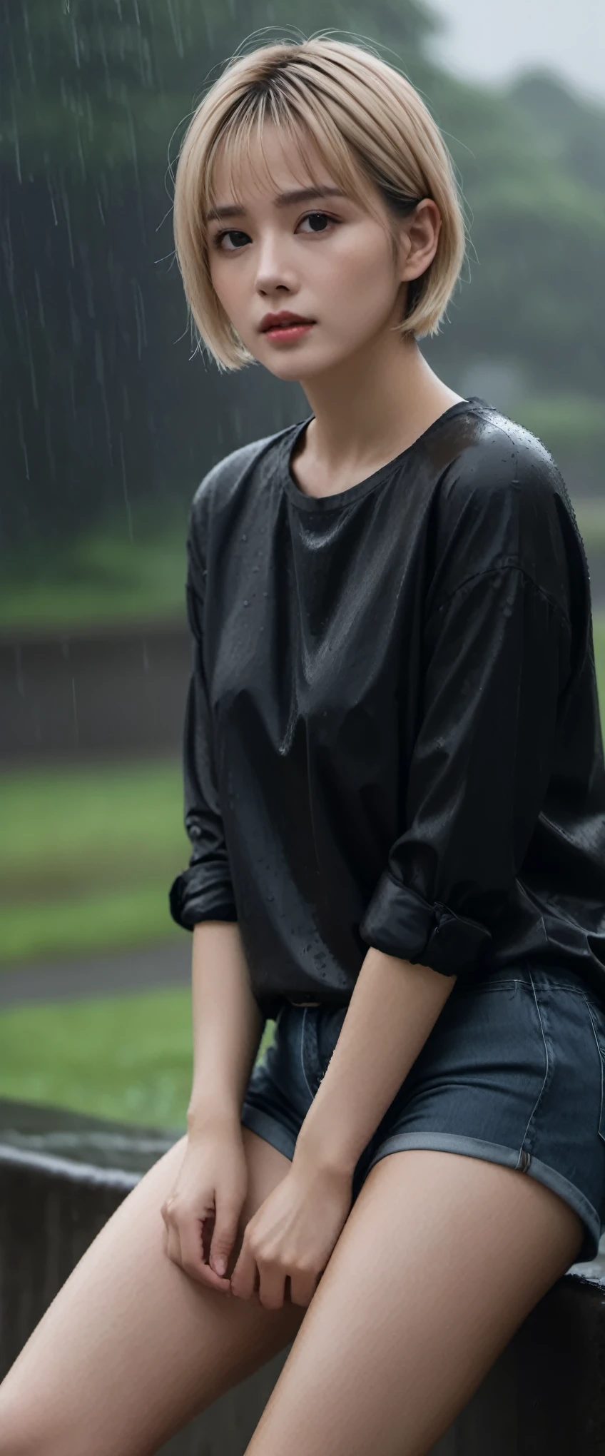 A woman with short blonde hair, wearing shorts, wearing a large black shirt, a gloomy atmosphere, rain, a quiet atmosphere, a nostalgic atmosphere, the highest resolution, model size, head to knee, realistic tone, realistic light and shadows.