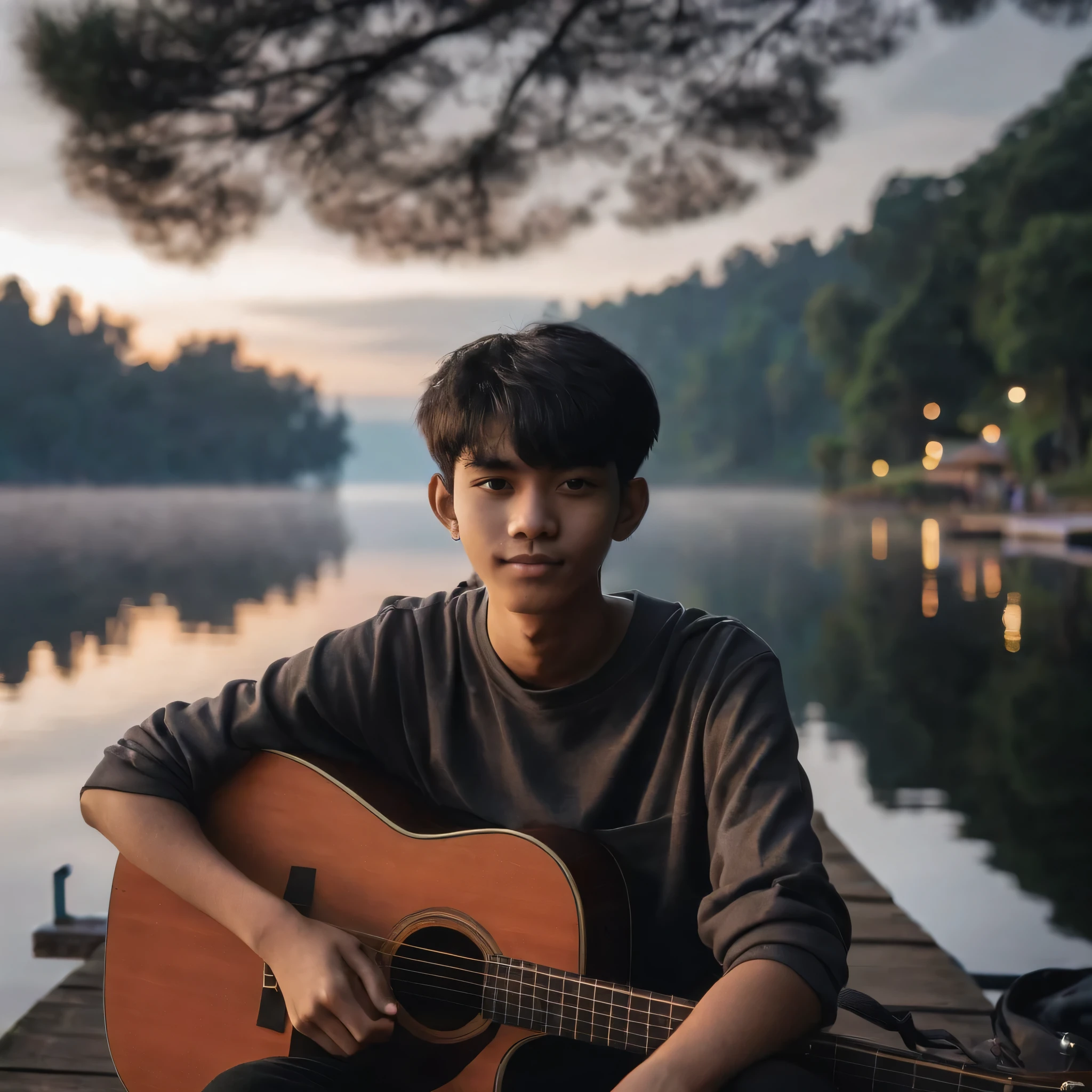 long distance photo, wide angle portrait, 15 year old Indonesian man with short bangs. wearing black hoodie professional black jeans sitting on the pier playing guitar, sitting relaxed in front of the lake, under the tree, bokeh background with forest in the distance, lake with twilight reflection, looking at the camera