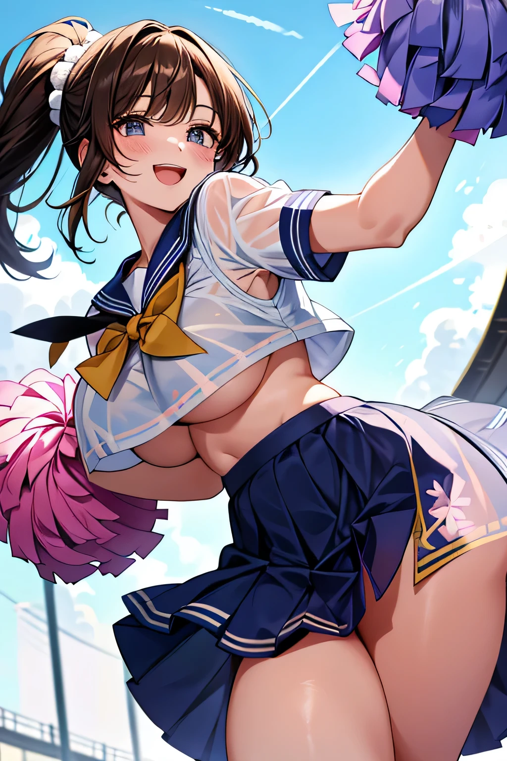 highest quality、High resolution、detailed background、cute10代の女の子、two beautiful girls、brown hair、bob cut、braided ponytail、(huge breasts:1.3)、perfect body line、big ass、vast sky、jump and fly in the sky、(Cheerleader、I&#39;We&#39;re rooting for you)、(pom pom:1.2)、(emphasize the chest、emphasize the underboob)、legs open、panty shot、cute、elation、
(See-through sailor suit:1.2)、(see-through skirt:1.2)、
sailor color, This is a characteristic of sailor uniforms., Cheerleaderのユニフォームにも使われています.、
It is common to incorporate navy or black lines into white colors.、
一般的なsailor colorはV字型またはU字型が特徴です。.、
Sailor uniform tops and skirts are generally bright and vibrant colors.、
Cheerleaderも同様です. Incorporating bright colors such as pink、, yellow, And blue, you can show off your vitality and cuteness.、
Cheerleaders&#39; Sailor uniform skirts are basically super mini length..、
Sailor uniform tops often have a ribbon or tie..、
This creates a cute and stylish accent to your uniform.、

stripe々Floral embroidered panties、pink floral embroidered bra、emphasize the underboob、I can see the underboob、angle from below、Low - Angle、とても幸せな表情でIを見てください、open your mouth and smile、smile、healthy、healthyふともも、Healthy and beautiful、legs open、panty shot、cute