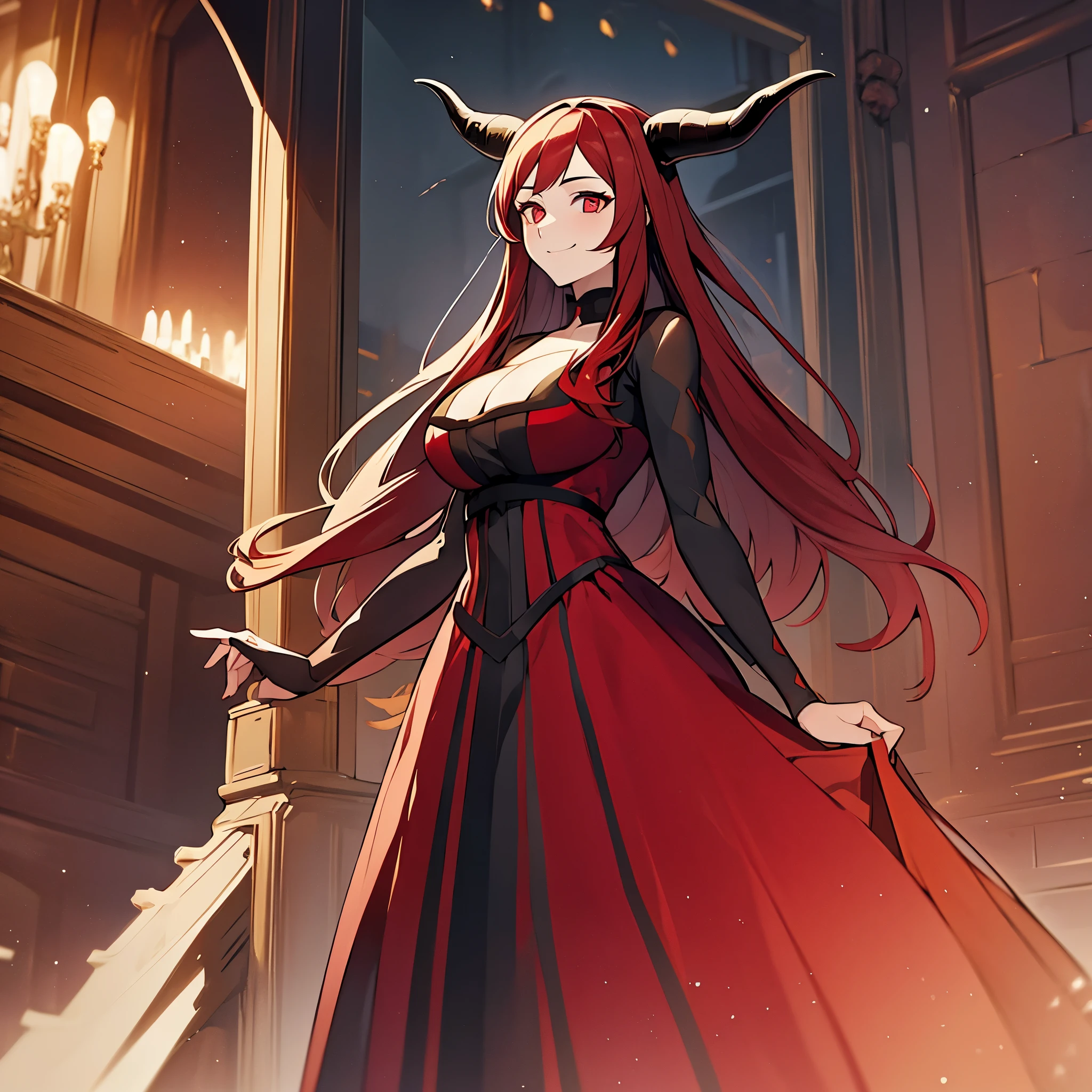 A woman with red hair, horns, red eyes, wearing horns, wearing a black dress with red details, surroundings of a large black castle, yellow sky, smiling, ultra definition, very detailed, masterpiece, 4k hd 16:9
