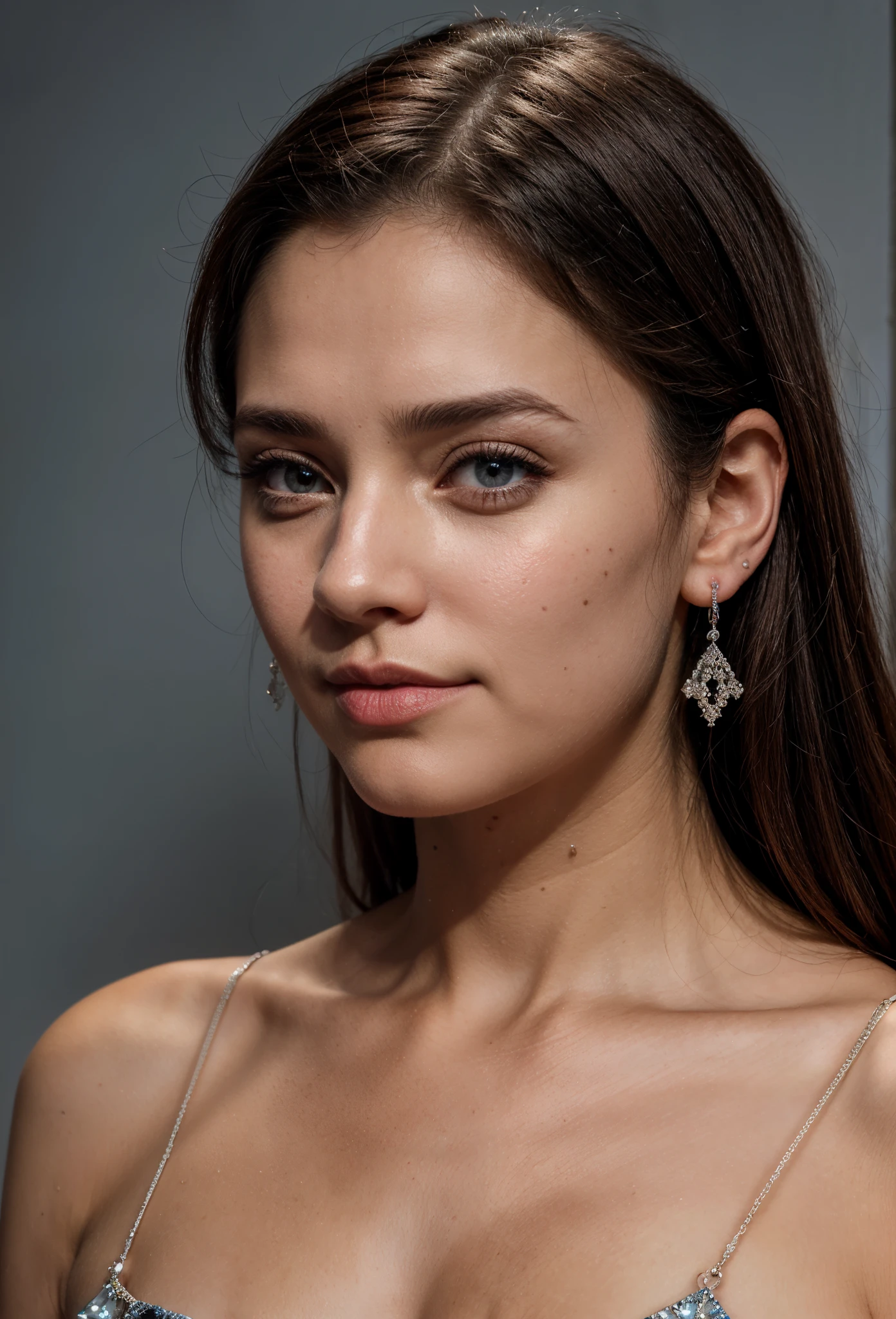 (obra maestra, Mejor calidad), Detalles intrincados, realista, photorealista, un primer plano de una mujer vistiendo aretes, inspirado por Emma Andijewska, envuelto en cristales, color plata, long aretes, sandra chevier, huge aretes, 2019, De ojos azules, joyas de platino, arete, estructura impecable, arete de plata,