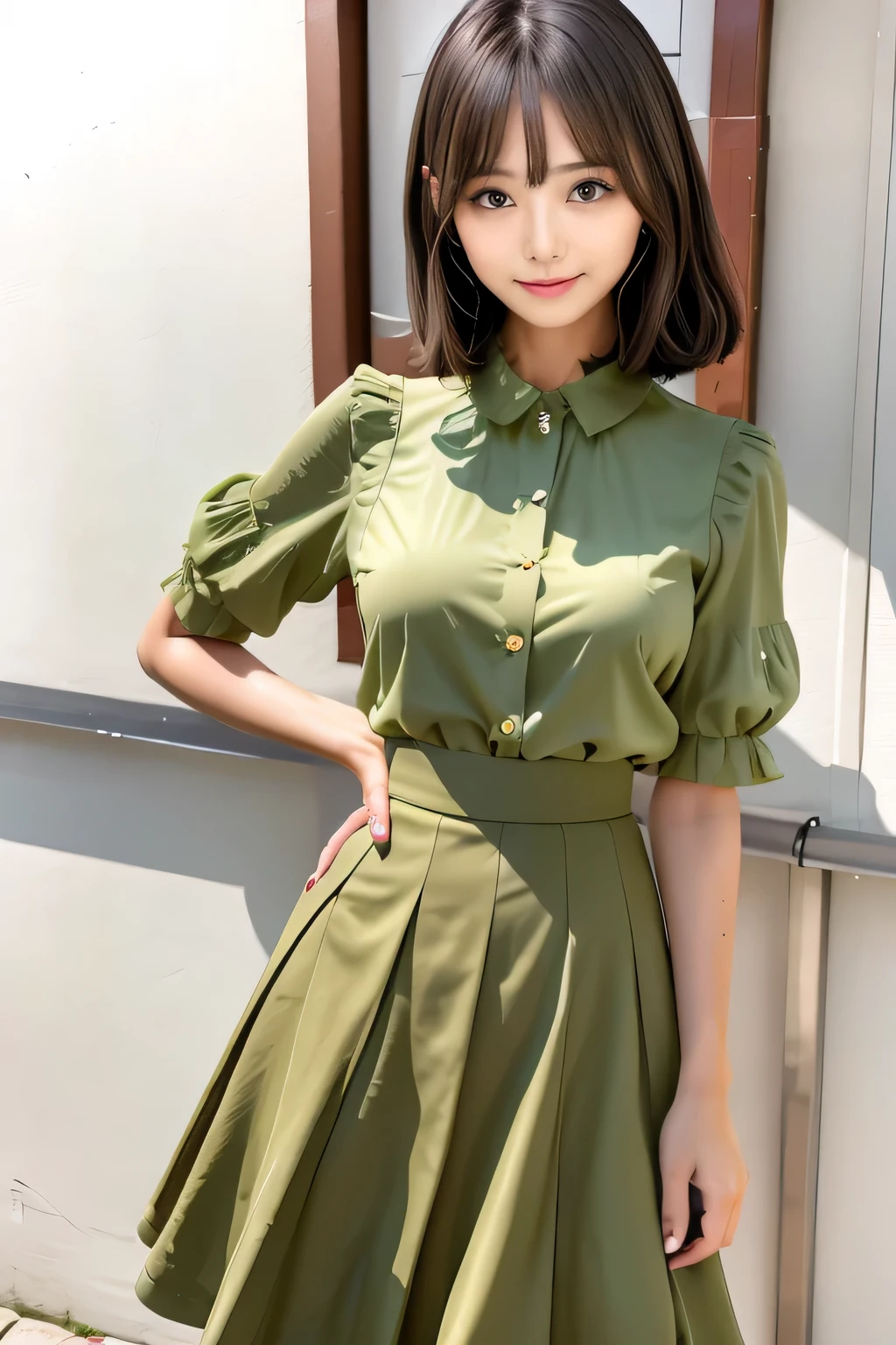 An arafe woman wearing a skirt and shirt taking a photo, puff sleeves, short sleeve, 柔らかくて可愛いcolor, 柔らかいcolor, sakimichan, with short hair, soft expression, color付きの, wide skirt, casual clothes, color, wear cute tops, olive, wearing smooth clothes, well-ventilated, Choi Hong Hwa