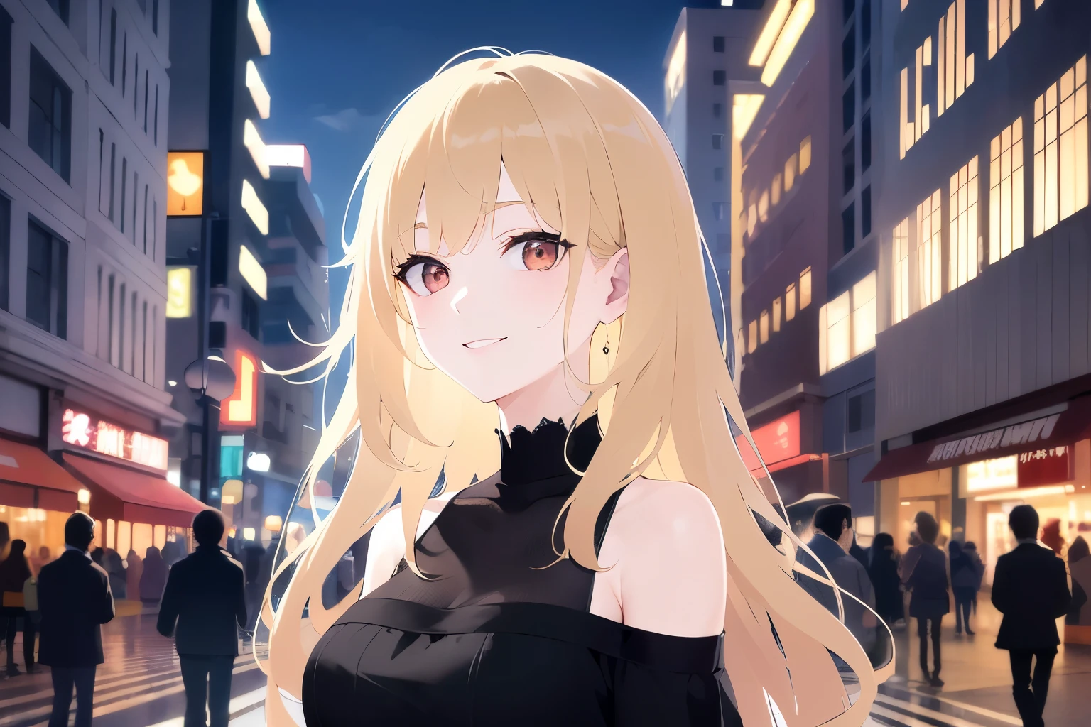 night, dark, Upper Body, Realistic, real person, (pale skin: 1.2), RAW photo, photorealistic, portrait photography, shiny skin, japanese idol、shiny hair、(25 year old woman with medium hair with blonde bangs) and (wavy hair) and (orange eyes) , (smile:1.2), black off shoulder blouse、The background is a shopping street、Alone、Are standing、