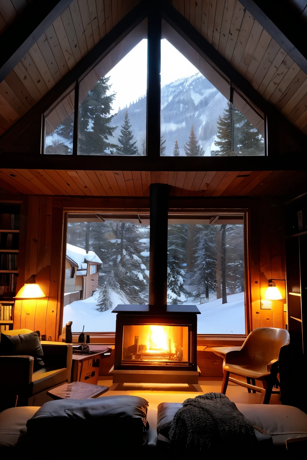 night　fireplace　indoor　mountain hut　warm　coffee　bookshelf　window