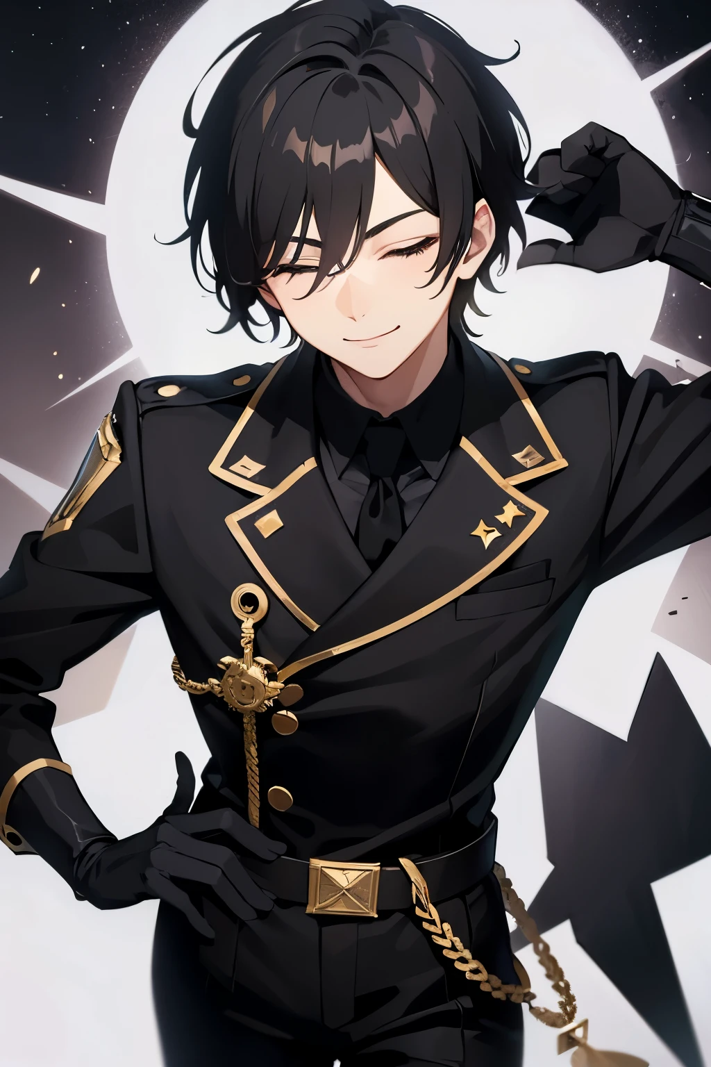 closed eye,black hair, boy, smile, black glove, anime, arms crossed