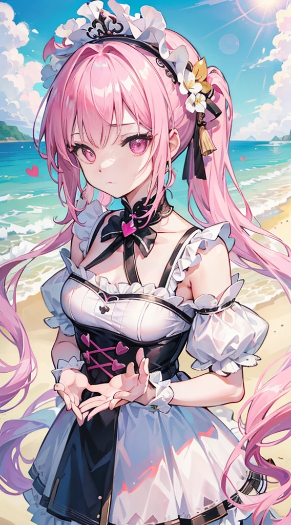 nsfw, 1 girl, game CG, sleeveless frilly black string bikini, cleavage visible, navel visible, maid's hair ornament, maid's small apron, gigantic breasts, pink hair, long hair, low twintails, princess hairstyle, stupid hair, pink eyes, sea, sandy beach, 1boy, vaginal sex, penis, cowgirl, girl on top,