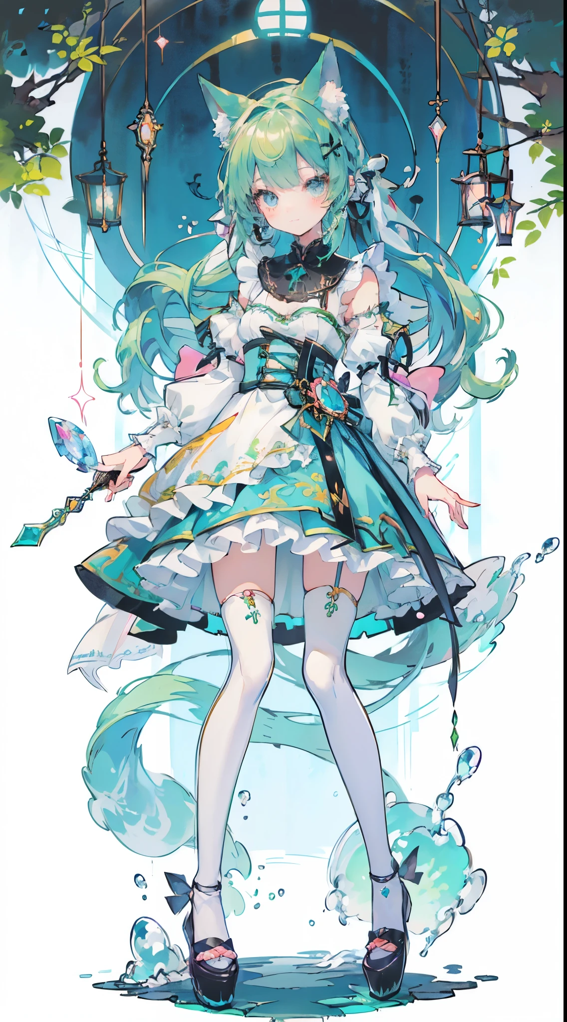 ((table top, highest quality: 1.1), ((Anime girl in a blue dress with a magic wand)), art nouveau、Anime cat girl wearing a maid costume, , ((Green hairs))、long haired person、((Eyes that shine like jewels, long eyelashes, and a sense of transparency))、Very Beautiful Anime cat girl, アニメcat girl, ((white knee highs)), 魅力的なcat girl, I&#39;m at the candy store,Inspired by Leiko Ikemura, Aya Takano color style, in ryuuou no oshigoto art style, cat girl, Character you admire, rei hiroe、Smiling