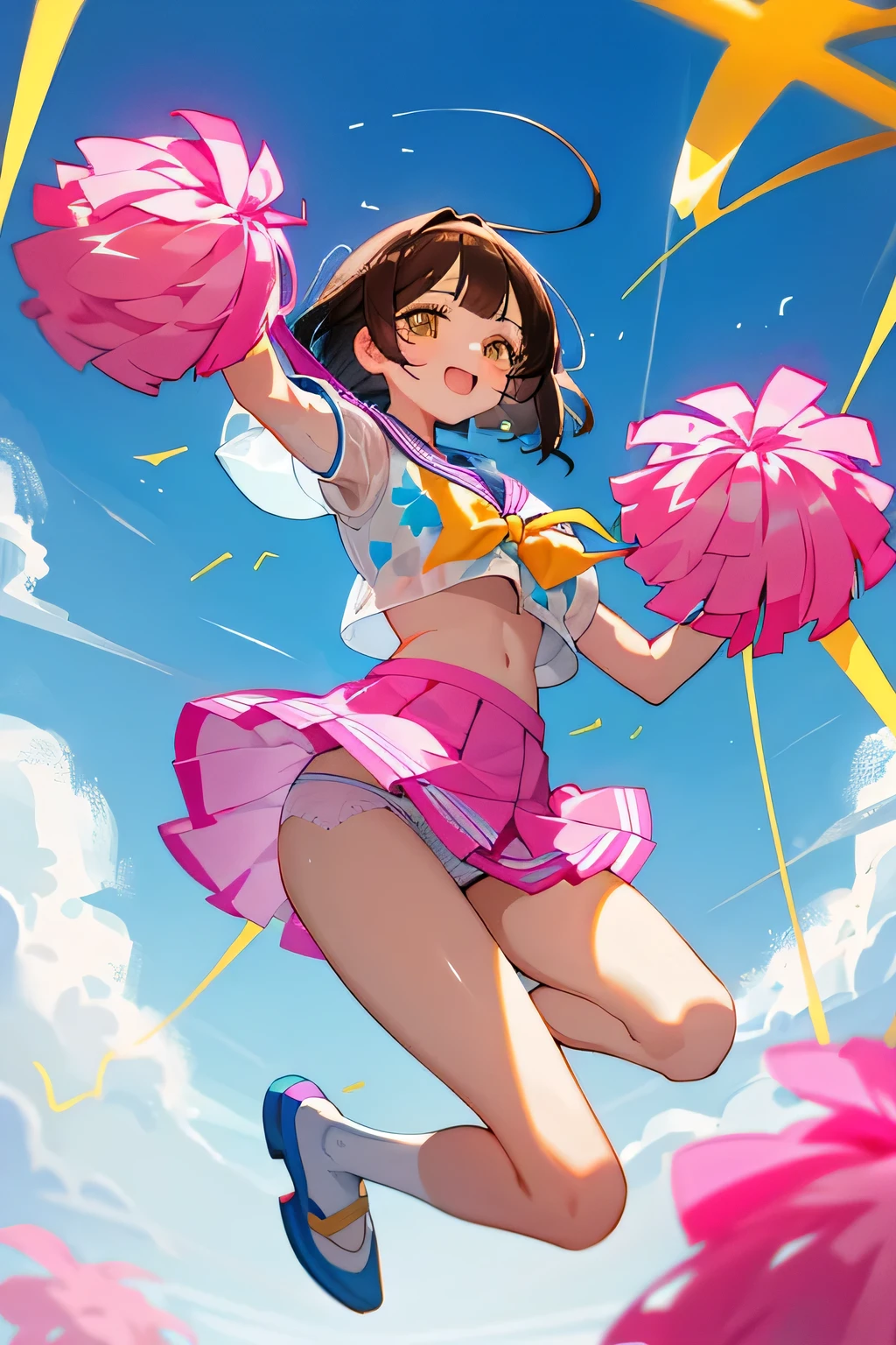 highest quality、High resolution、detailed background、cute10代の女の子、two beautiful girls、brown hair、bob cut、braided ponytail、(huge breasts:1.3)、perfect body line、big ass、vast sky、jump and fly in the sky、(Cheerleader、I'We're rooting for you)、(pom pom:1.2)、(emphasize the chest、emphasize the underboob)、legs open、panty shot、cute、elation、
(See-through sailor suit:1.2)、(see-through skirt:1.2)、
sailor color, This is a characteristic of sailor uniforms., Cheerleaderのユニフォームにも使われています.、
It is common to incorporate navy or black lines into white colors.、
一般的なsailor colorはV字型またはU字型が特徴です。.、
Sailor uniform tops and skirts are generally bright and vibrant colors.、
Cheerleaderも同様です. Incorporating bright colors such as pink、, yellow, And blue, you can show off your vitality and cuteness.、
Cheerleaders' Sailor uniform skirts are basically super mini length..、
Sailor uniform tops often have a ribbon or tie..、
This creates a cute and stylish accent to your uniform.、
stripe々Floral embroidered panties、pink floral embroidered bra、emphasize the underboob、I can see the underboob、angle from below、Low - Angle、とても幸せな表情でIを見てください、open your mouth and smile、smile、healthy、healthyふともも、Healthy and beautiful、legs open、panty shot、cute