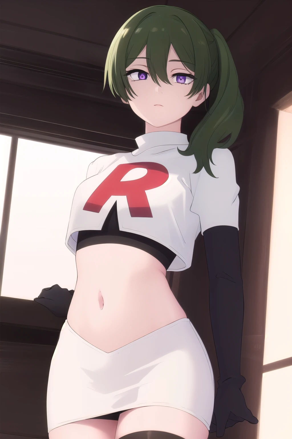 (masterpiece), best quality, high resolution, extremely detailed, detailed background, perfect lighting,ubel, medium hair, hair between eyes, green hair, side ponytail, (purple eyes:1.1), joyful eyes, cute pose, BREAK indoors, hot springs, BREAK looking at viewer, (cowboy shot:1.5), BREAK, (masterpiece:1.2), best quality, high resolution, unity 8k wallpaper, (illustration:0.8), (beautiful detailed eyes:1.6), extremely detailed face, perfect lighting, extremely detailed CG, (perfect hands, perfect anatomy), solo, team rocket,team rocket uniform, red letter R, white skirt,white crop top,black thigh-highs,black elbow gloves