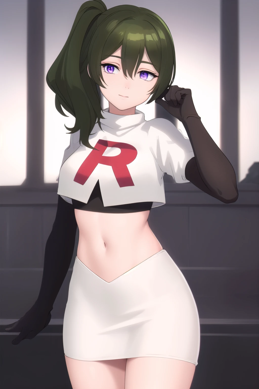 (masterpiece), best quality, high resolution, extremely detailed, detailed background, perfect lighting,ubel, medium hair, hair between eyes, green hair, side ponytail, (purple eyes:1.1), joyful eyes, cute pose, BREAK indoors, hot springs, BREAK looking at viewer, (cowboy shot:1.5), BREAK, (masterpiece:1.2), best quality, high resolution, unity 8k wallpaper, (illustration:0.8), (beautiful detailed eyes:1.6), extremely detailed face, perfect lighting, extremely detailed CG, (perfect hands, perfect anatomy), solo, team rocket,team rocket uniform, red letter R, white skirt,white crop top,black thigh-highs,black elbow gloves
