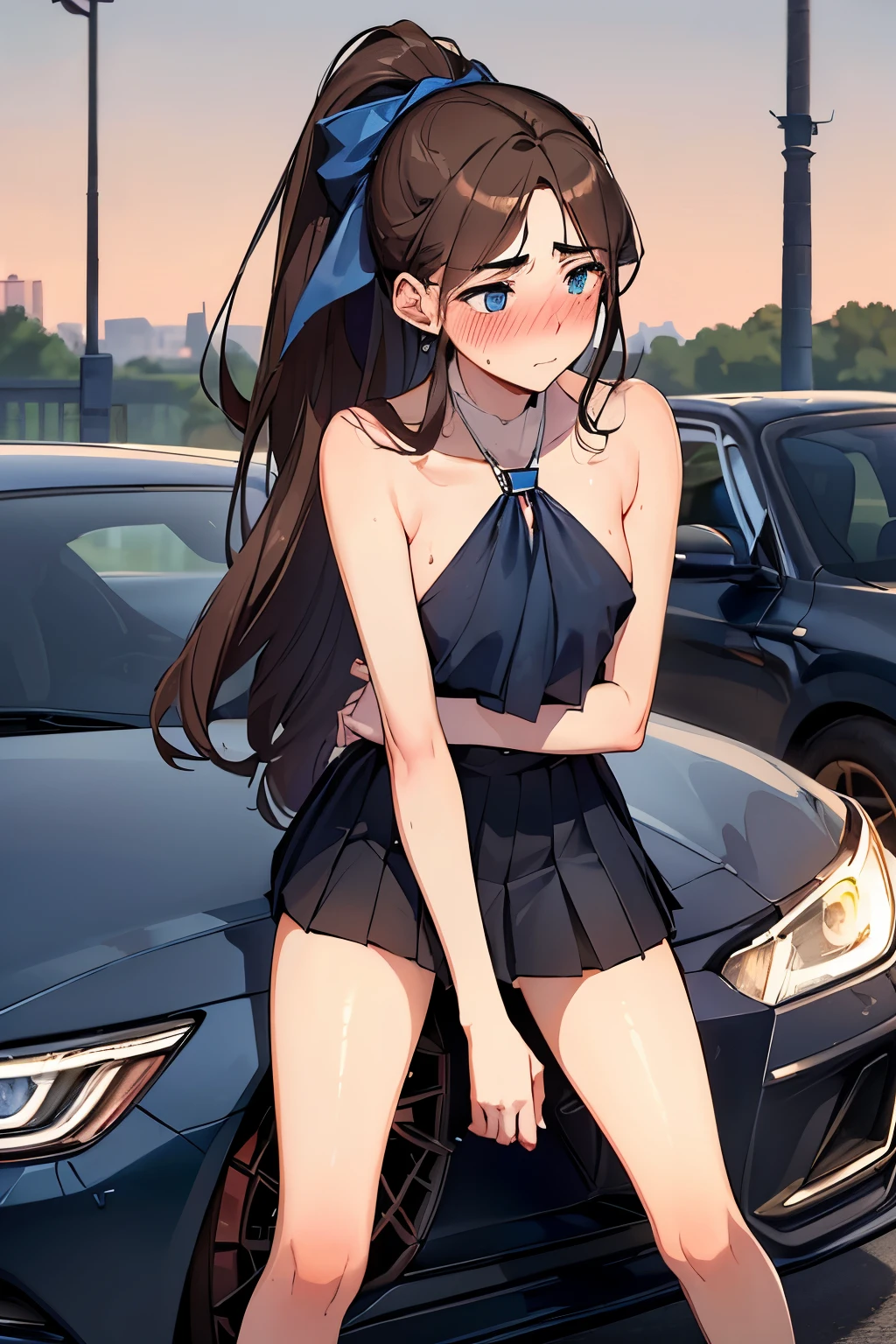 ((best quality)), ((masterpiece)), (detailed), (((perfect face))), ((((slender teengirl)))), (((upper class rich car park))), (((topless))), (((dark blue pleated skirt))), ((brunette, brown hair)), ((ponytail)), ((skinny thighs)), ((skinny hips)), (((bare legs))), (((shy:1.3))), (((blushing cheeks:1.5))), (((blue eyes)))