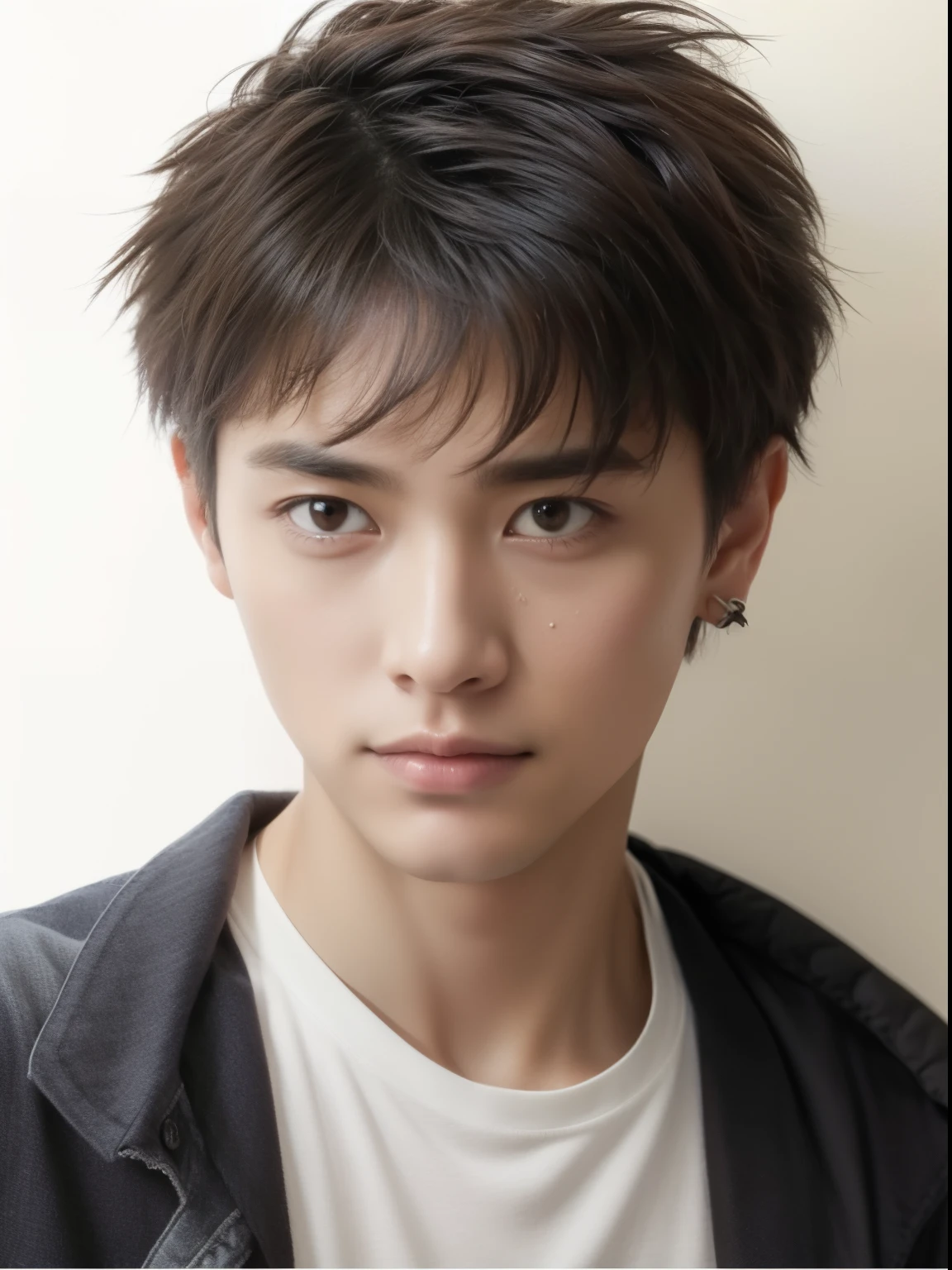 highest quality, masterpiece, ultra high resolution, (realistic: 1.4), original photo, wallpaper, Head photo, skin, ((white wall background)), black eye, become familiar with, Upper body, maleの子1名, 18-year-old, good looking, Wind, Light of the sun, they want、room、素晴らしいgood looking((male'hair is moving))、cute、perm、Johnny's、A face like Ryosuke Yamada、Fresh、eyebrows are not too thick、short hair、laughter、((white shirt))