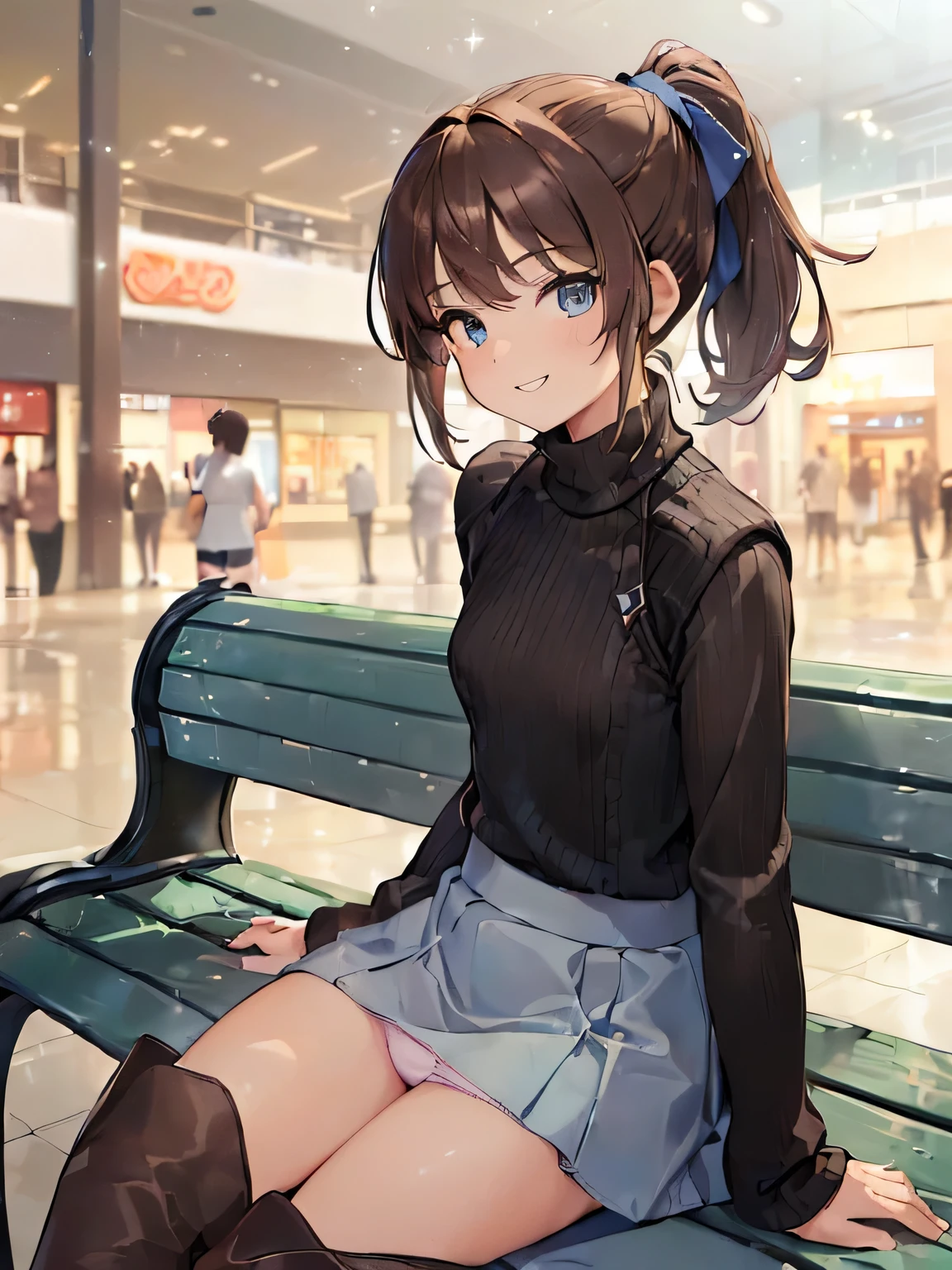 (masterpiece, highest quality, High resolution, realistic pictures, realistic skin:1.1),
(Shopping Mall Benchに座る女性:1.8),
(Please use the female panty shots facing the front.:1.8),
(grinning expression:1.5),
(She is wearing a blue long sleeve turtleneck knit:1.8),
(she is wearing a gray flared miniskirt:1.8),
(she is wearing black clothes, middle boots:1.8),
(The pants are in bright colors:1.2),
(brown hair in a middle ponytail:1.5),
(small face:1.5),
(Location: Shopping Mall Bench:1.5),
1 Japanese girl, alone, Full-bodied Esbian, beautiful eyes, sparkling eyes, NSFW