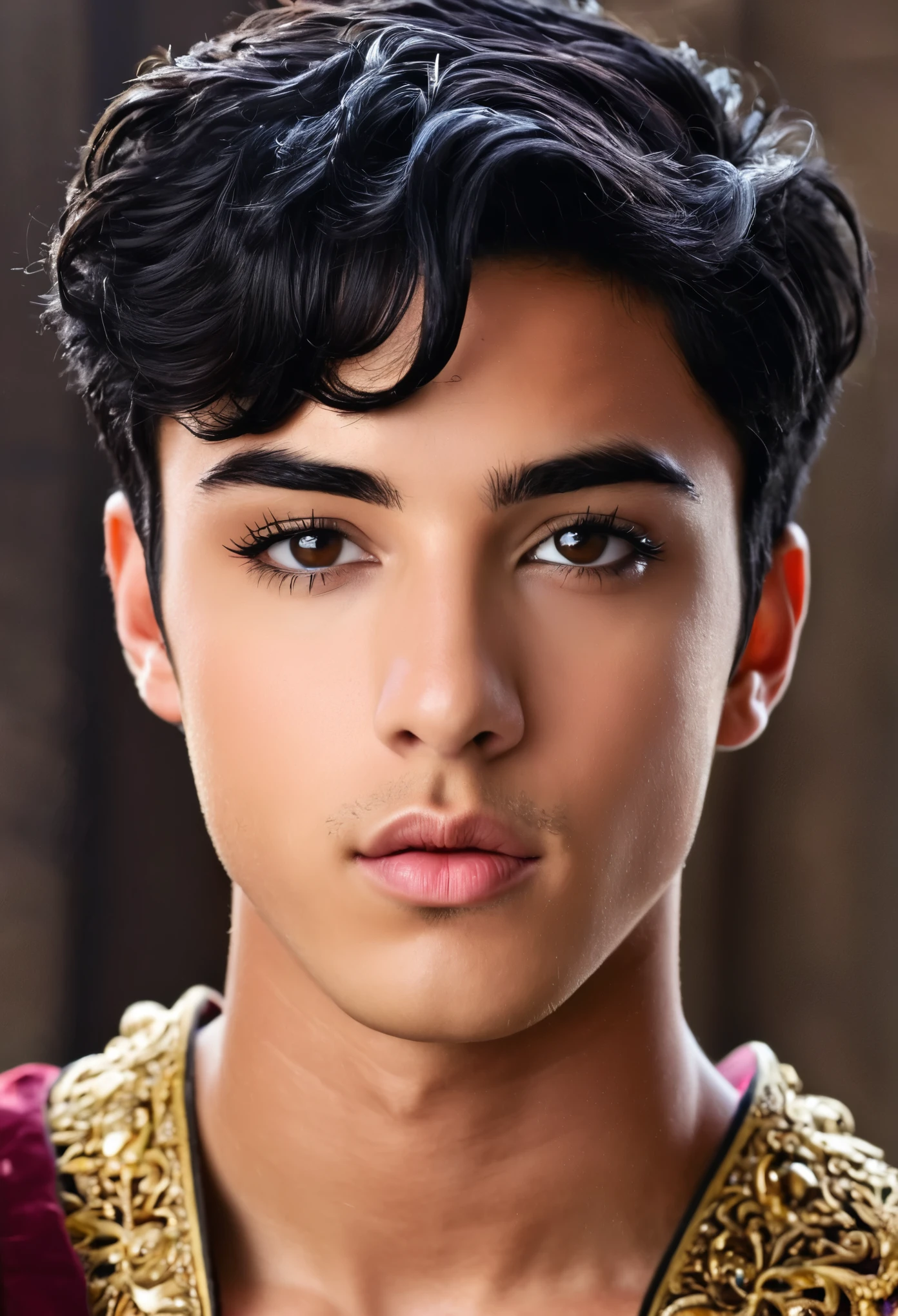 a young king with super short black hair, dark brown eyes, medium nose, pretty eyebrows