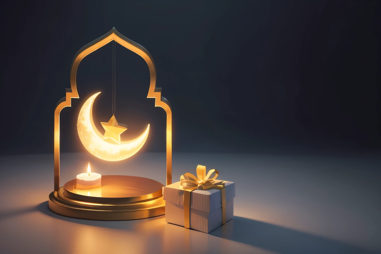 a golden crescent hanging from a white arch with a gift box, moon and candle, 3d illustration, 3 d illustration, gifts, illustration”, simple illustration, holiday, awesome greate composition, night with moon and candle, with 3d render, with 3 d render, on a candle holder, 8k, 8 k, 3 d illutration, hight decorated