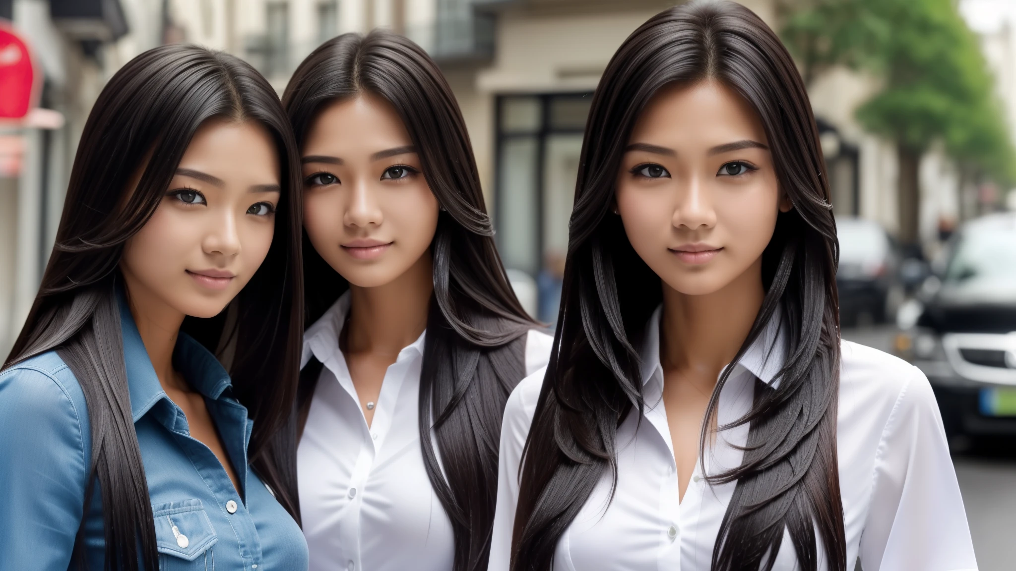 ((best qualtiy, 8k, tmasterpiece:1.3)), sharp:1.2, two girls,(full body1.2)perfect figure beautiful woman:1.4, Slim abs:1.2, ((Layered Hair Style, huge tit:1.3)), (Long shirt with wet white buttons:1.1),(Sateen,the street:1.2),Get wet:1.5,Highly detailed facial and skin texture,detailed eyes,double eyelid,Look sideways at the camera