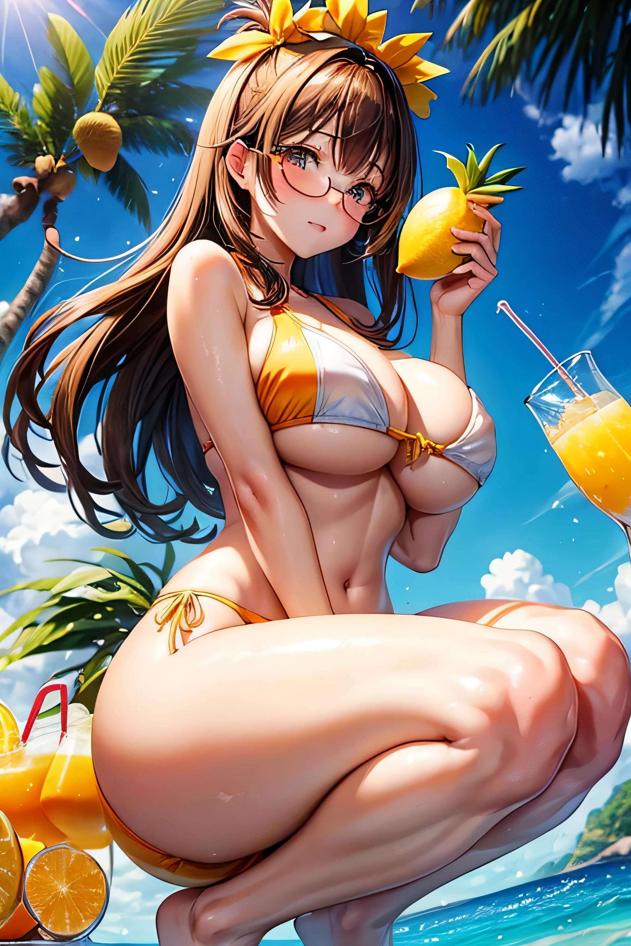 High resolution, high quality, 1 girl, anime girl, brown long hair, brown eyes,heart-shaped pupil, Green glasses, tanned skin, big breasts,beautiful breasts, (big ass),beautiful butt,白いスクールwater着,squat,(drink a lot of juice),(inflate one&#39;s stomach),(lemonade),(lemon juice),(orange juice),(mango juice),(Binapple juice),(water),at the cafe,