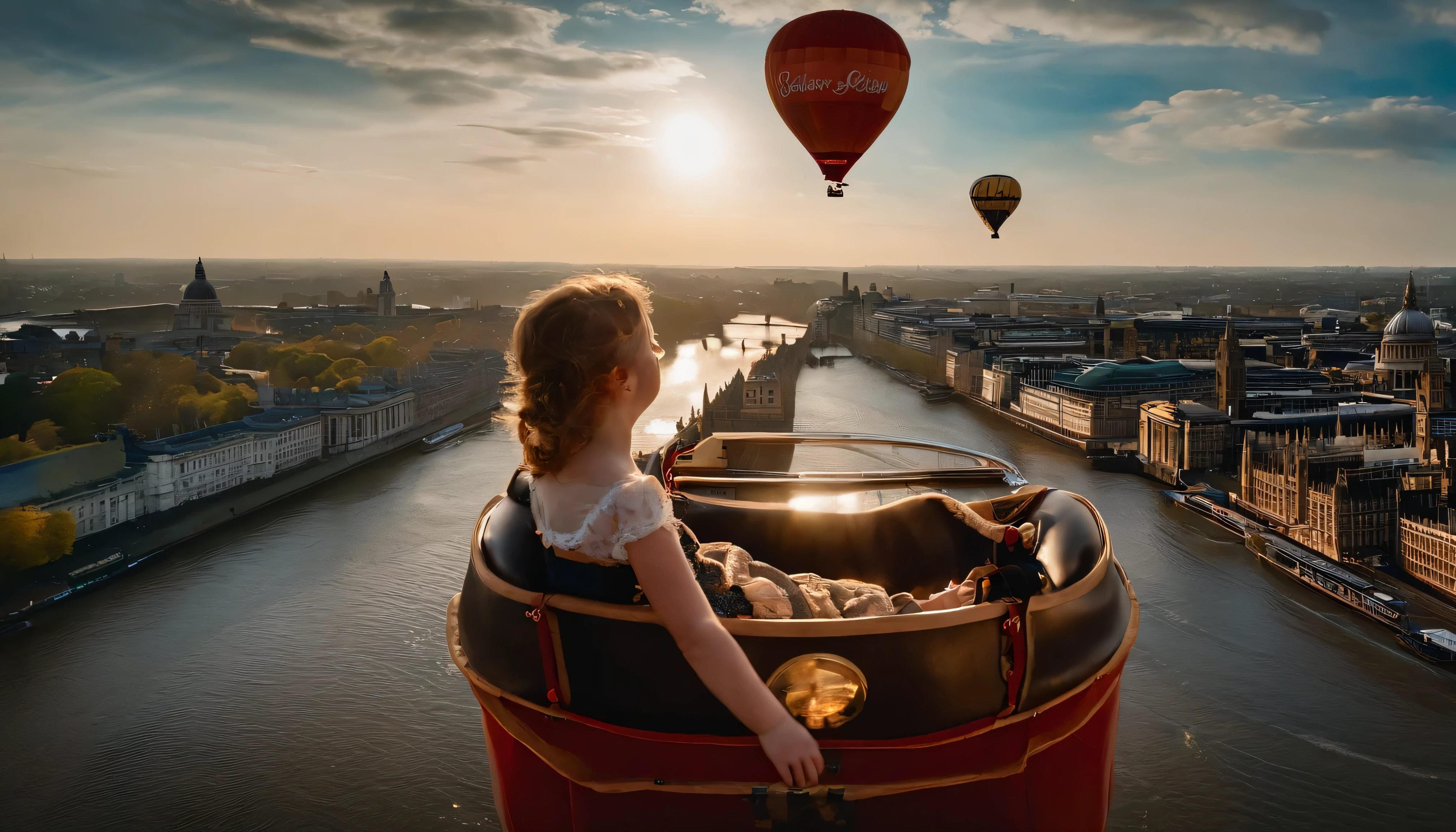 A child sits inside a hot air balloon,人物half body shot,The Thames River in London during Victorian England,ancient architecture,looking down camera,half body shot,The sky is clear,