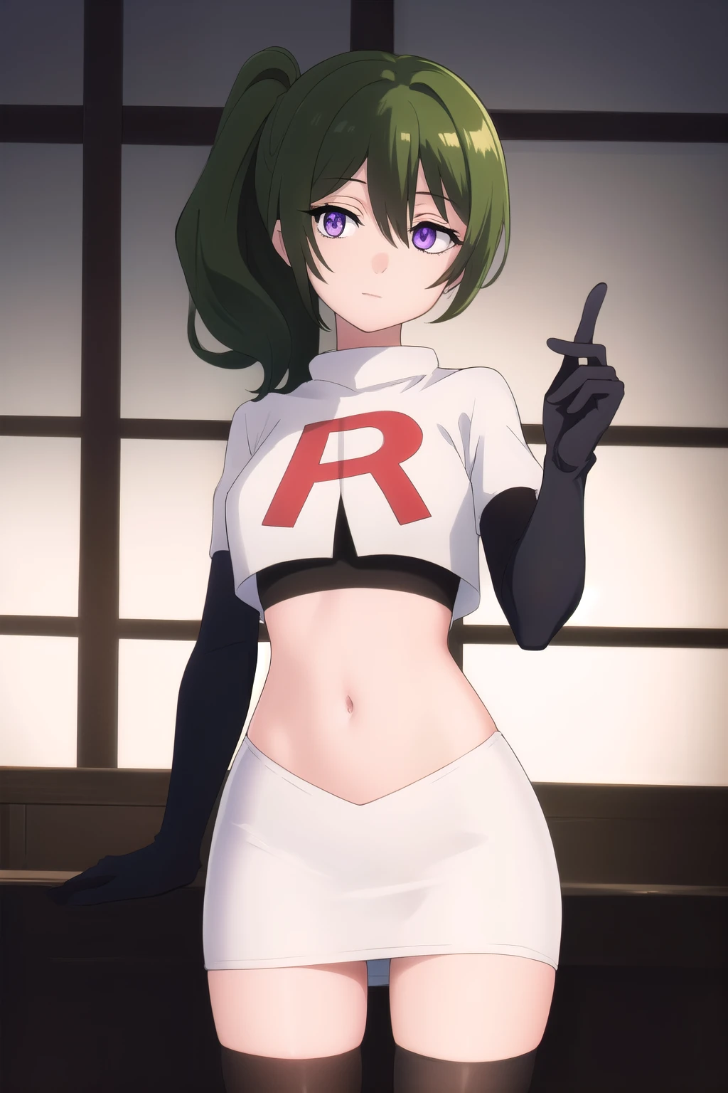 (masterpiece), best quality, high resolution, extremely detailed, detailed background, perfect lighting,ubel, medium hair, hair between eyes, green hair, side ponytail, (purple eyes:1.1), joyful eyes, cute pose, BREAK indoors, hot springs, BREAK looking at viewer, (cowboy shot:1.5), BREAK, (masterpiece:1.2), best quality, high resolution, unity 8k wallpaper, (illustration:0.8), (beautiful detailed eyes:1.6), extremely detailed face, perfect lighting, extremely detailed CG, (perfect hands, perfect anatomy), solo, team rocket,team rocket uniform, red letter R, white skirt,white crop top,black thigh-highs,black elbow gloves