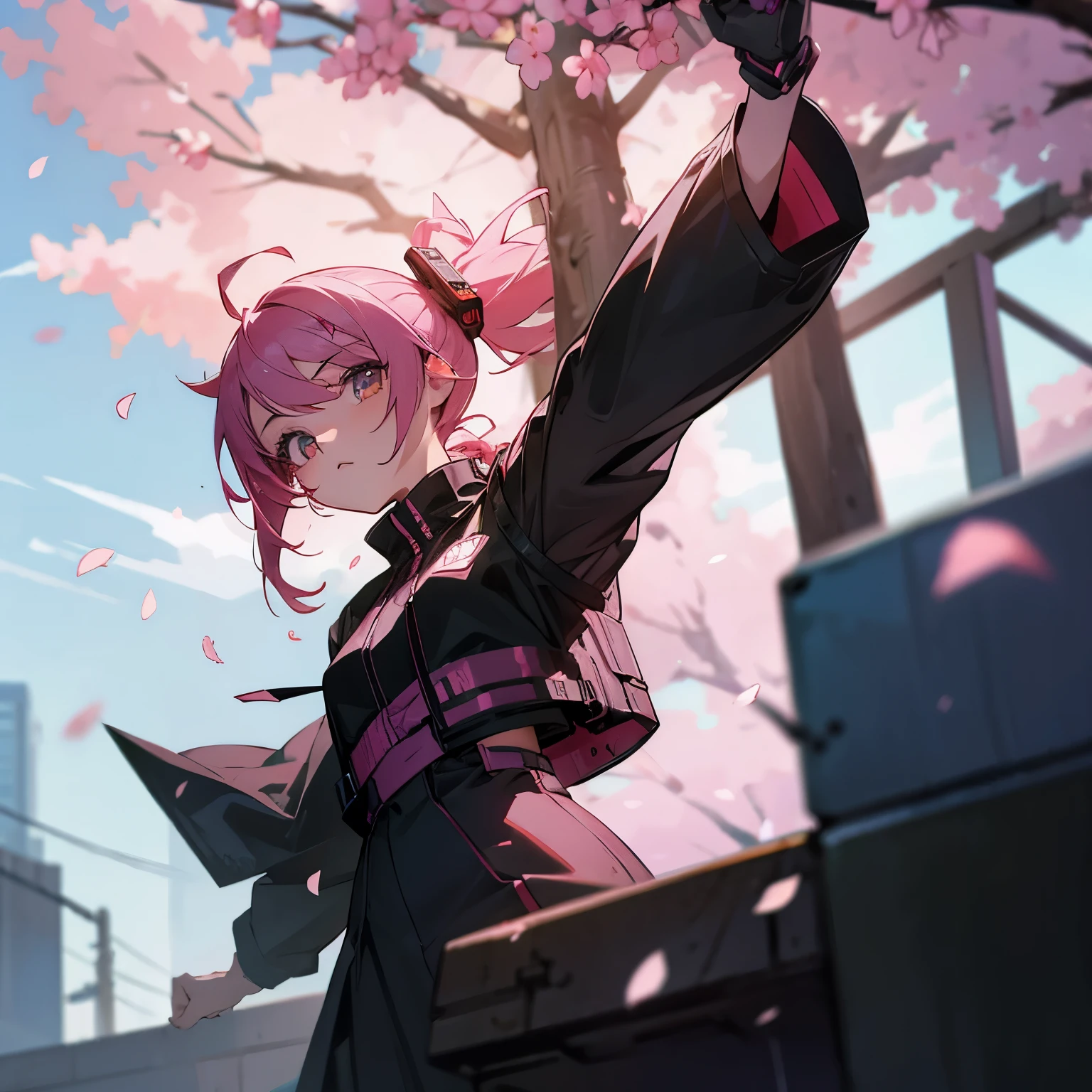 Anime girl wearing a cyberpunk outfit with a cool pose outside with cherry blossom petals blowing in the wind