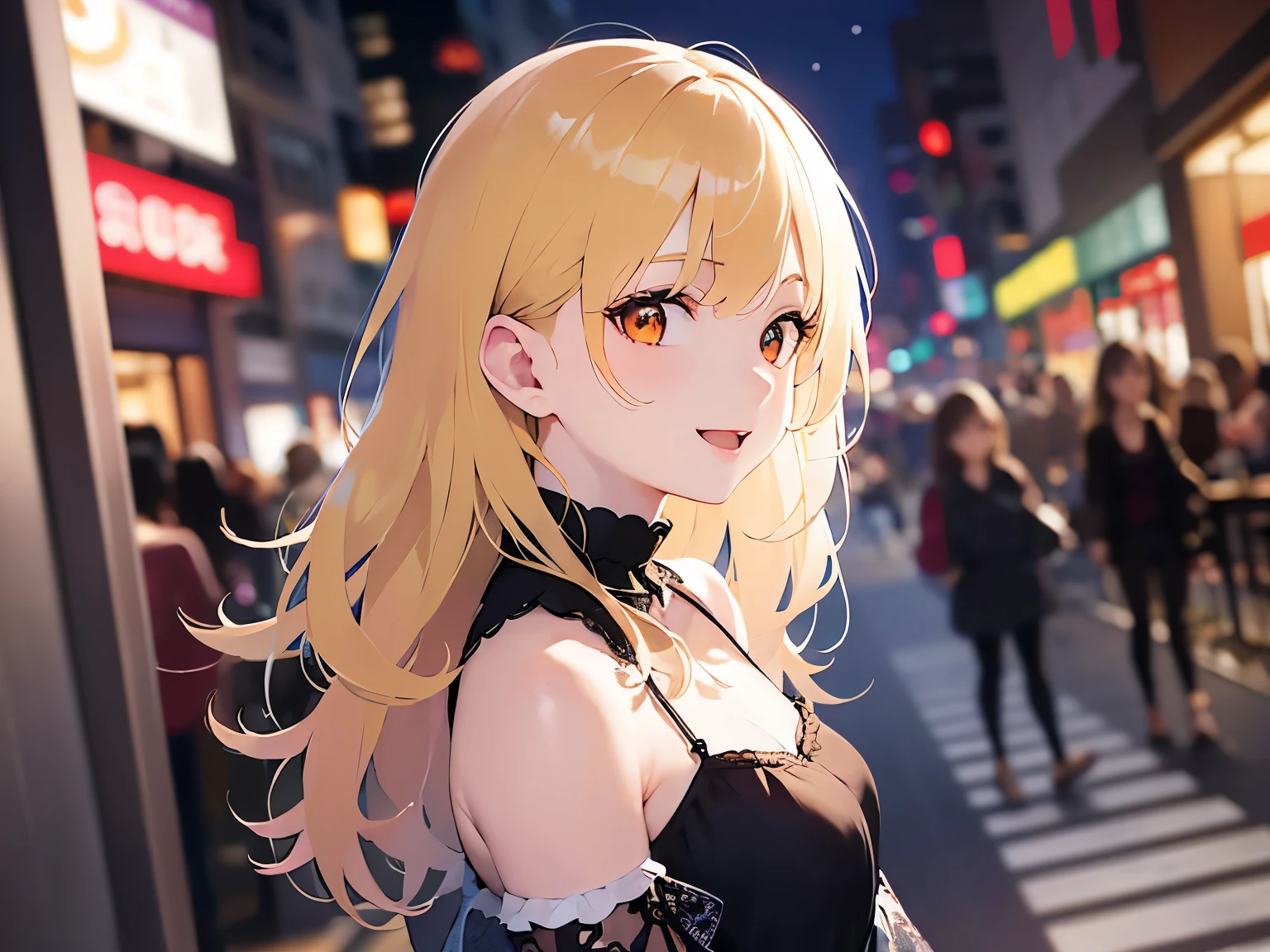 side angle, night, dark, Upper Body, Realistic, real person, (pale skin: 1.2), RAW photo, photorealistic, portrait photography, shiny skin, japanese idol、shiny hair、(25 year old woman with medium hair with blonde bangs) and (wavy hair) and (orange eyes) , (smile:1.2), open mouth, (black) and (off shoulder blouse)、The background is a shopping street、Alone、Are standing、